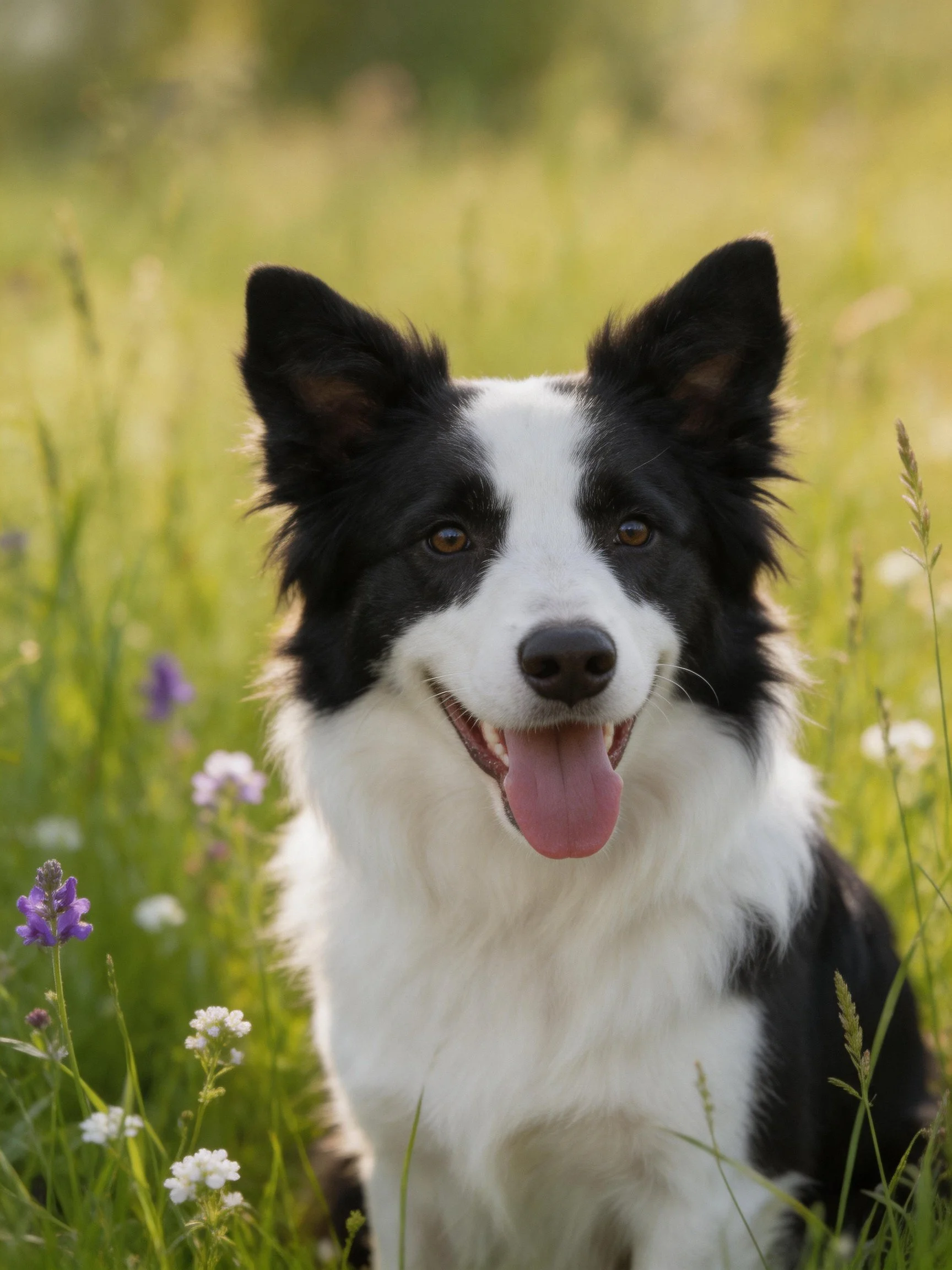 A black and white Border Collie relaxes in a sunlit flowered meadow.