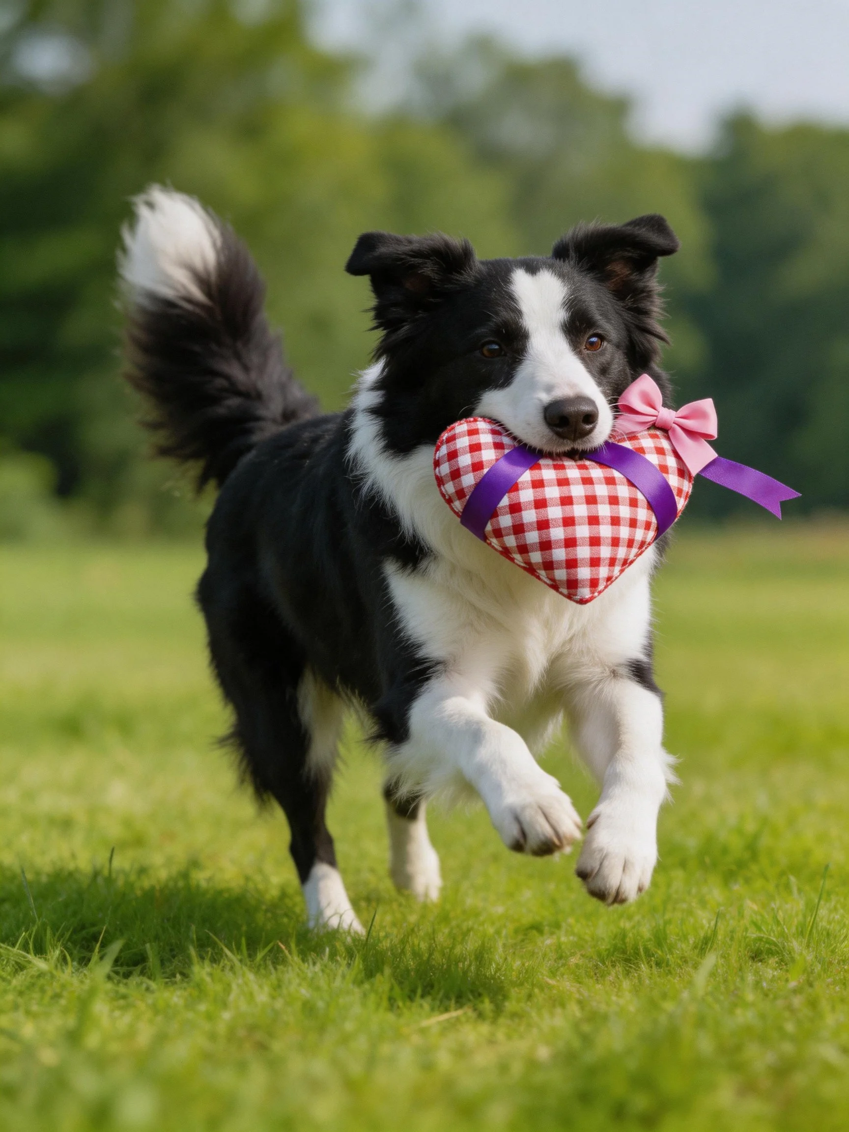 A black and white Border Collie runs with a checkered heart toy in an outdoor setting