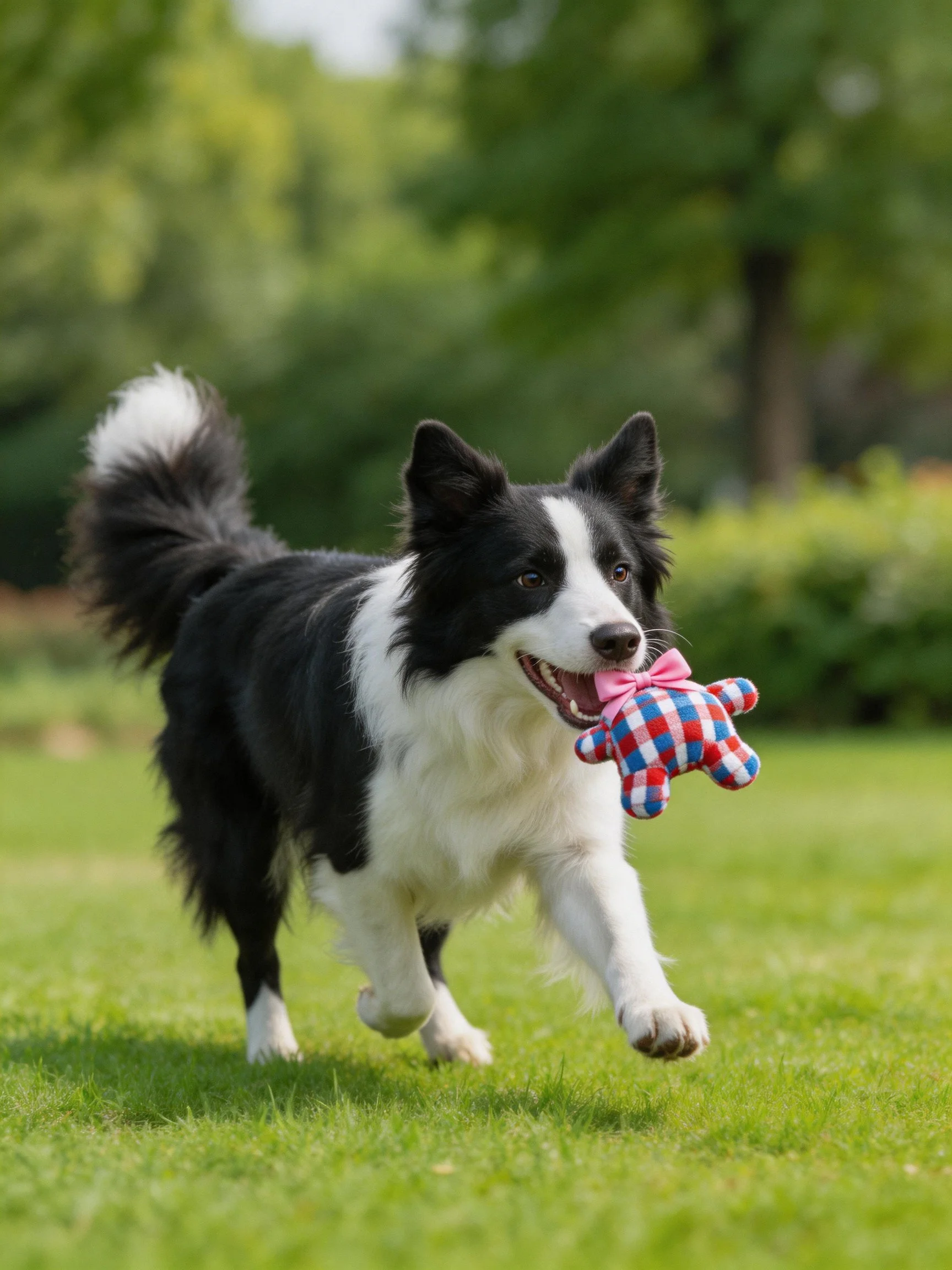 A black and white Border Collie carrying a checkered plush toy