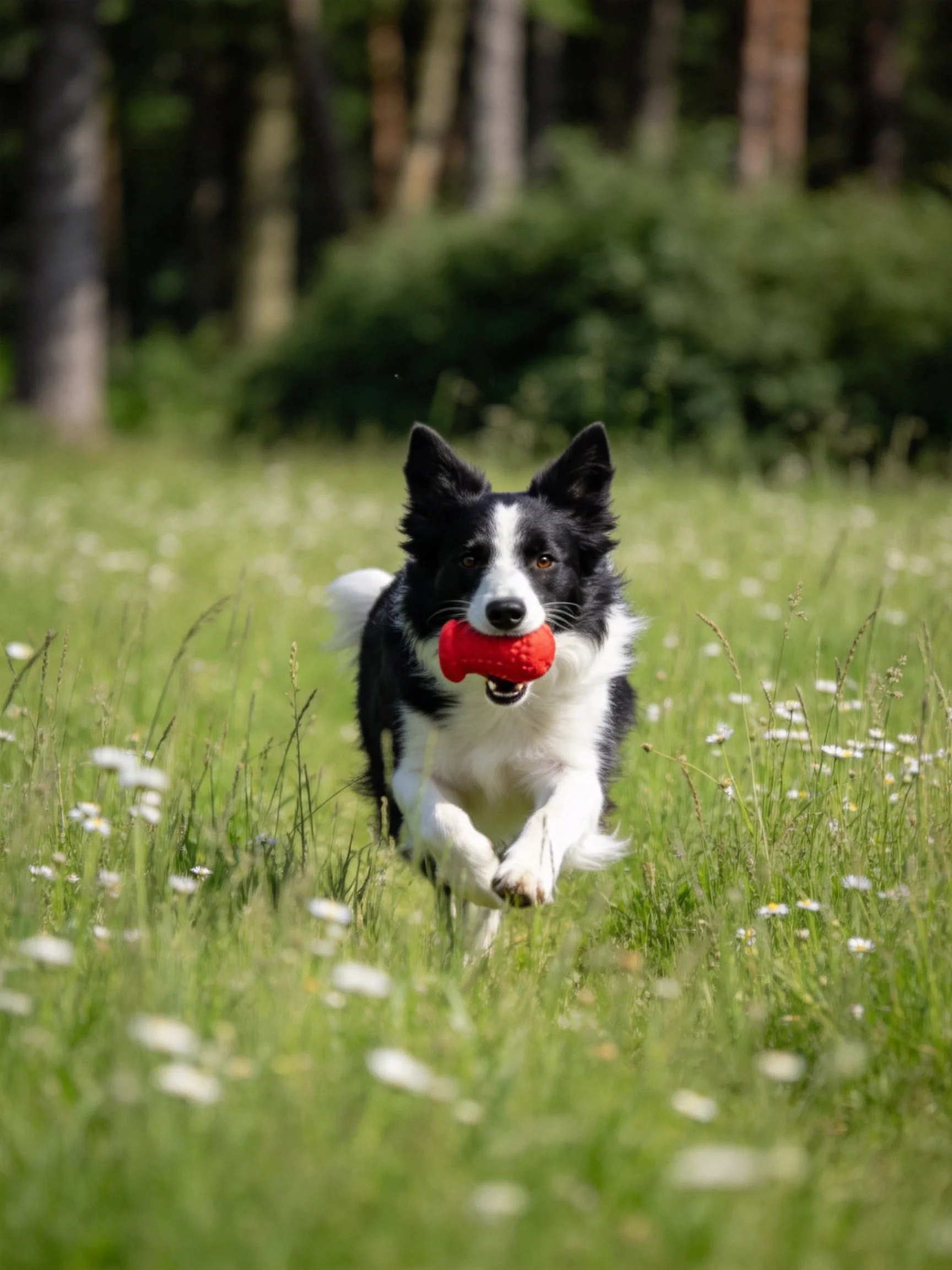 A black and white Border Collie runs through grass with a red toy