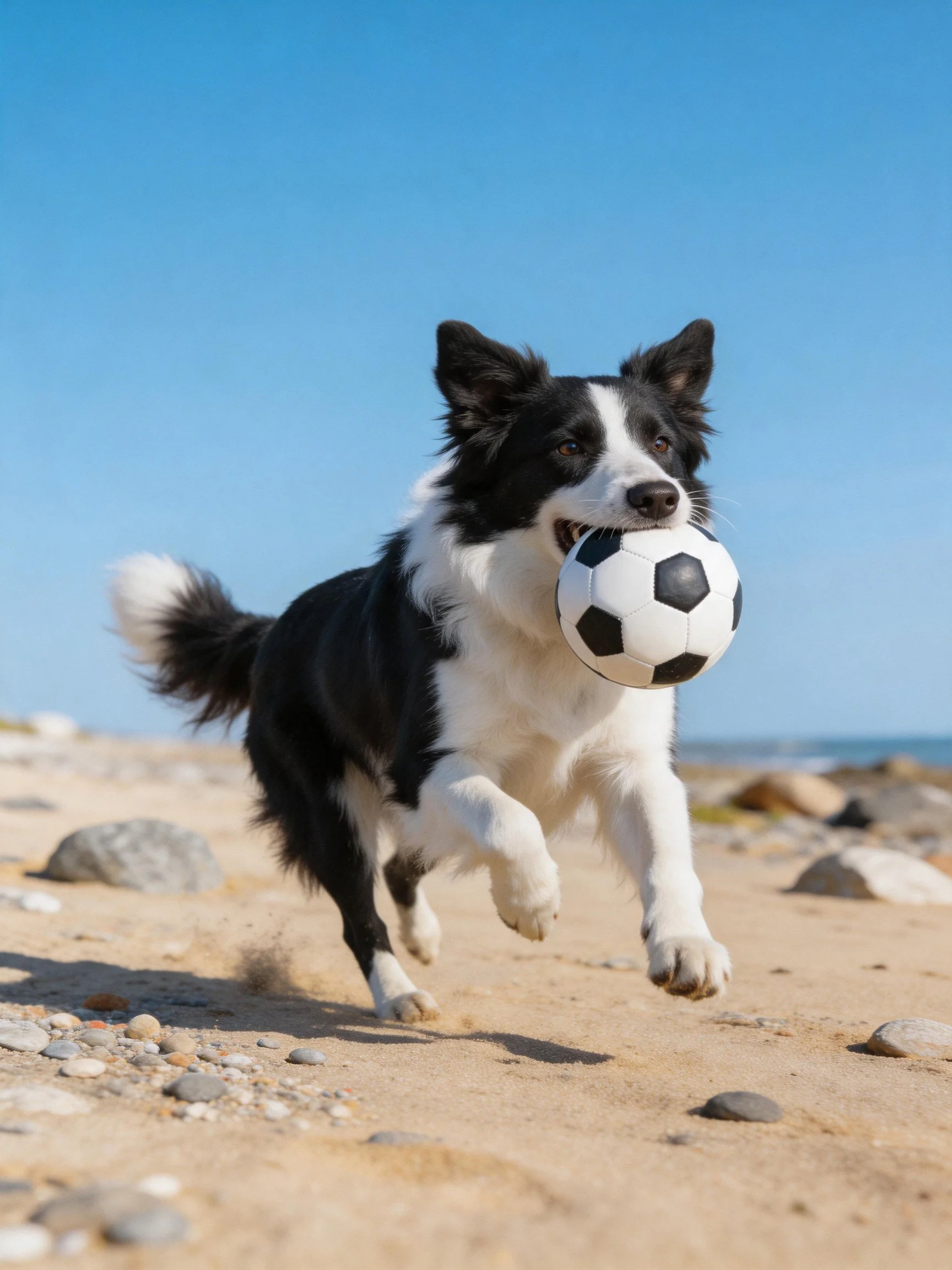 A Border Collie runs with a soccer ball on a sandy beach