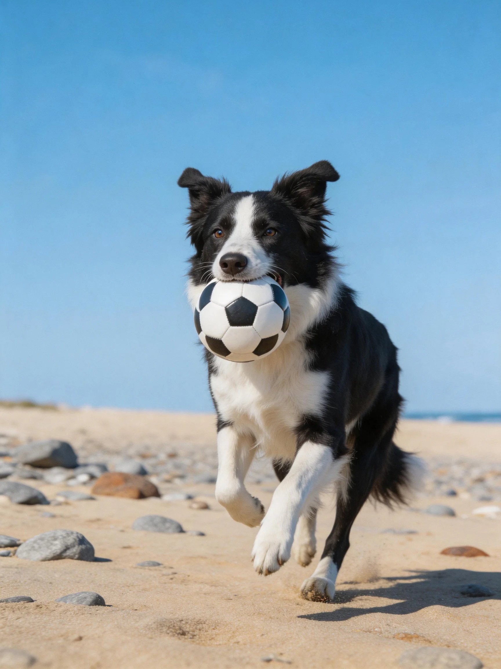 A black and white Border Collie runs with a soccer ball near scattered rocks on sandy ground.