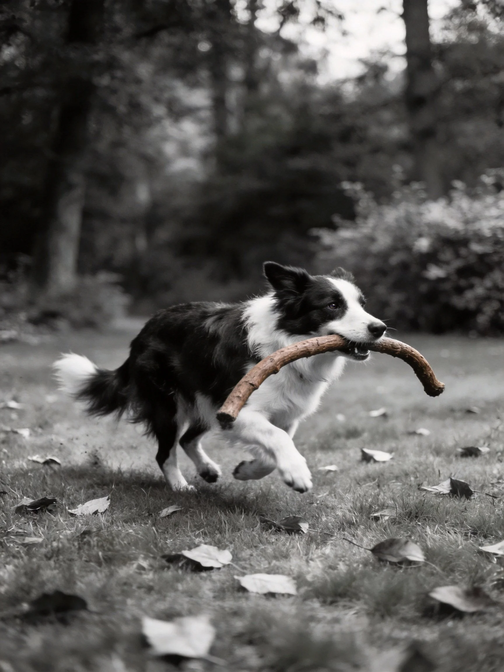A black and white Border Collie runs outdoors carrying a large wooden stick.