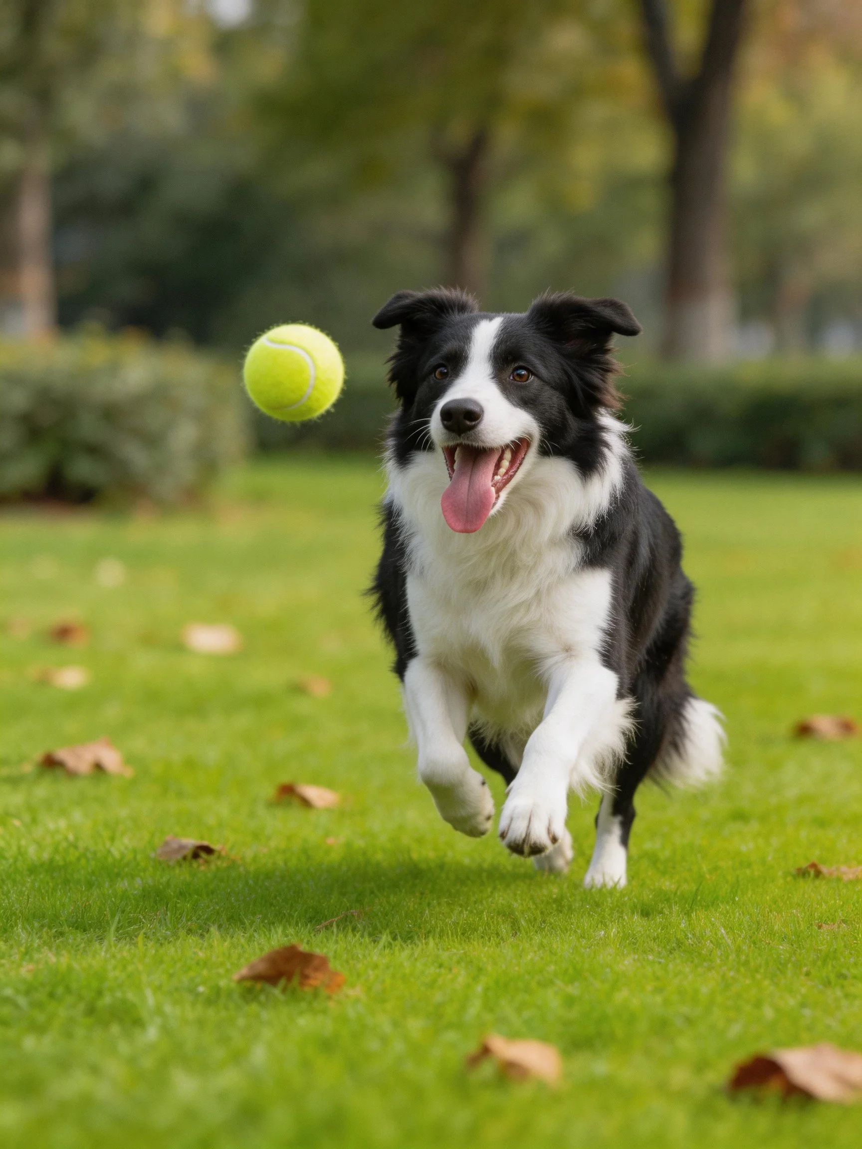 A black and white Border Collie runsases a yellow tennis ball in a park setting.