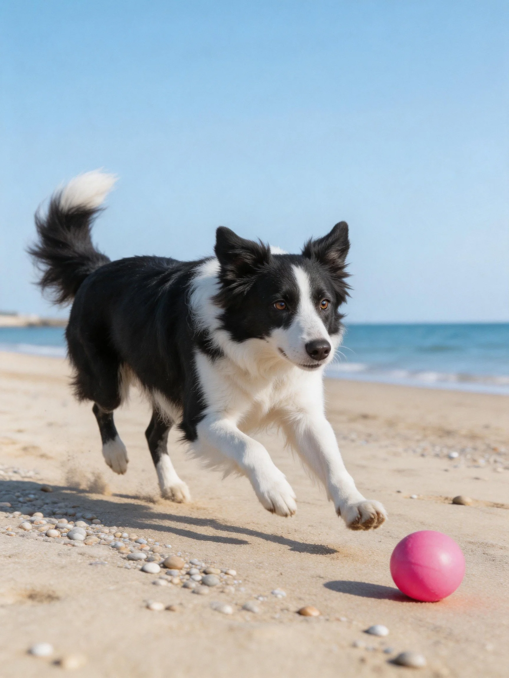 A black and white Border Collie chases a pink ball on a sandy beach near the ocean.
