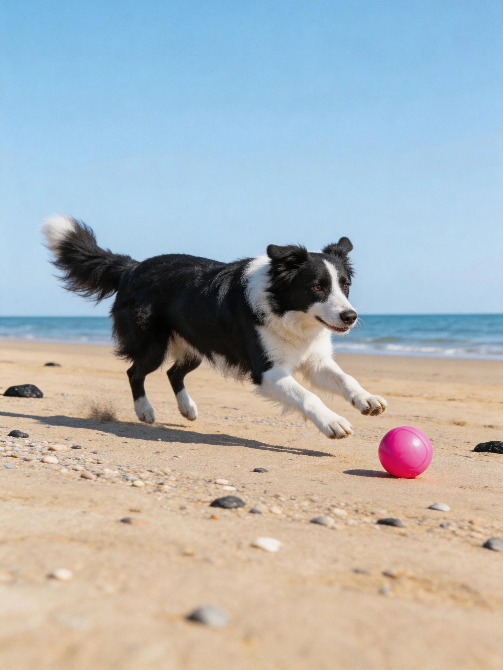 A black and white Border Collie leaps toward a pink ball on a sandy beach.