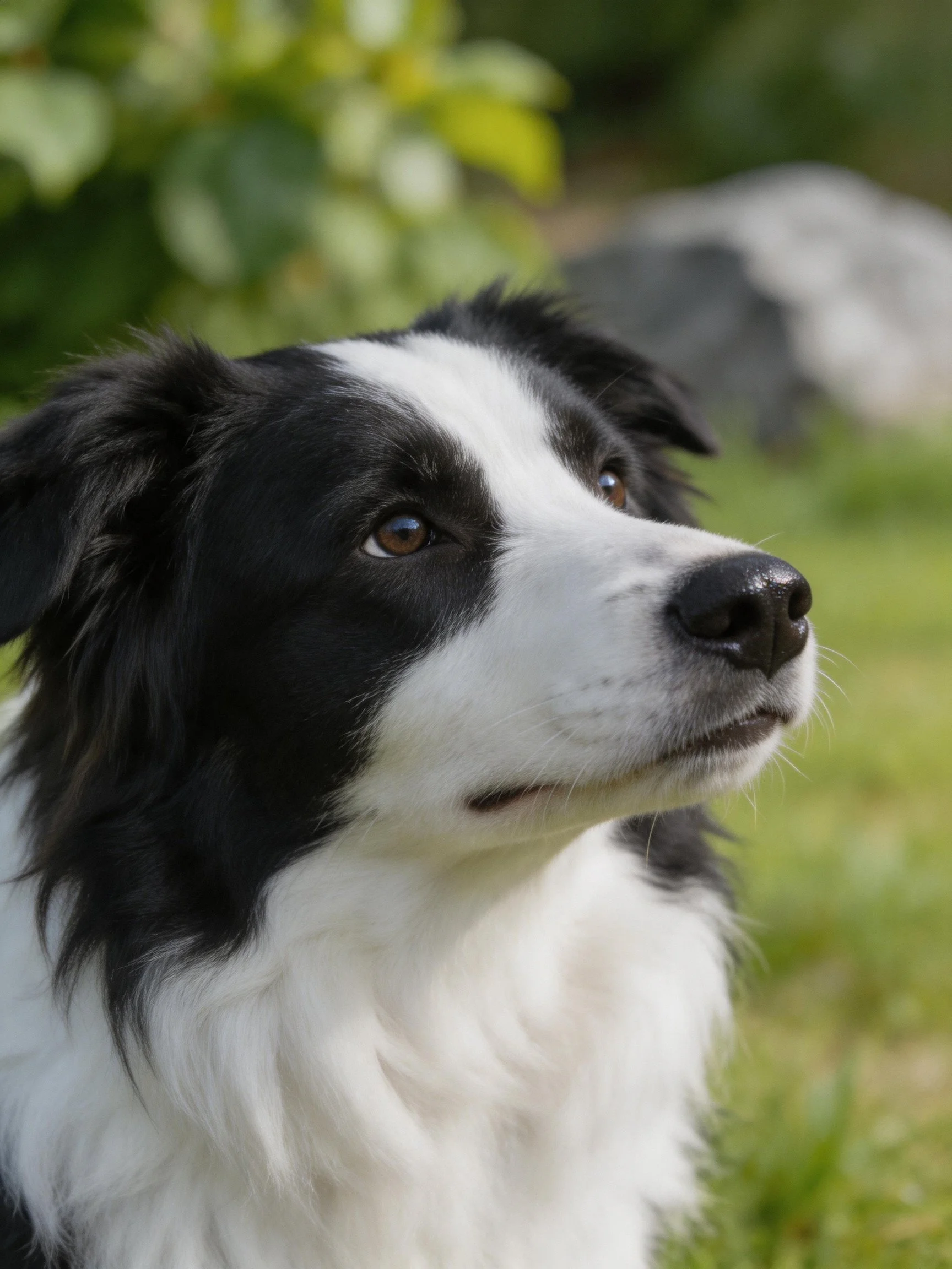A black and white Border Collie gazes attentively amid greenery in an outdoor setting.