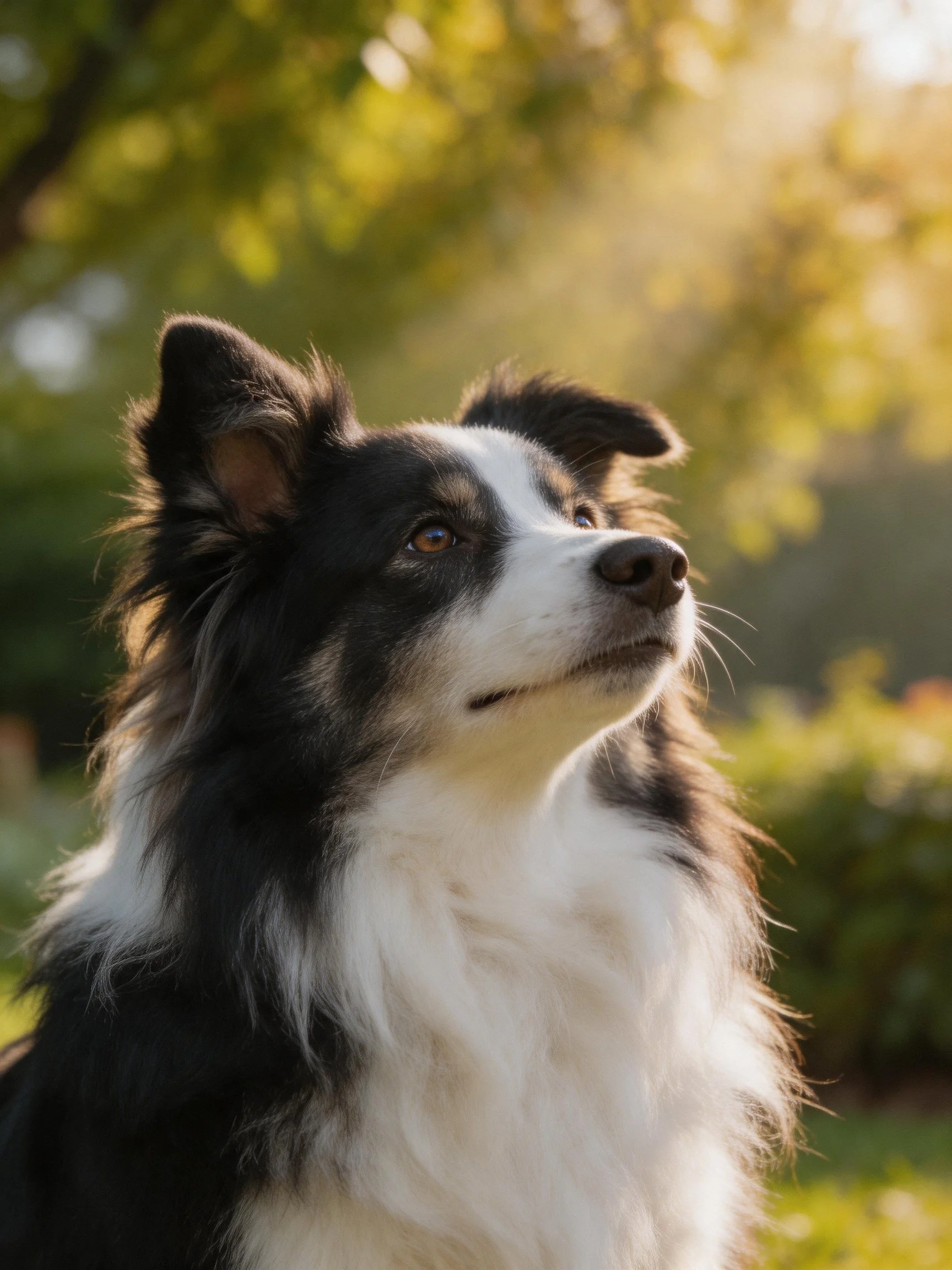 A black-and-white Border Collie looks upward in a sunlit garden.