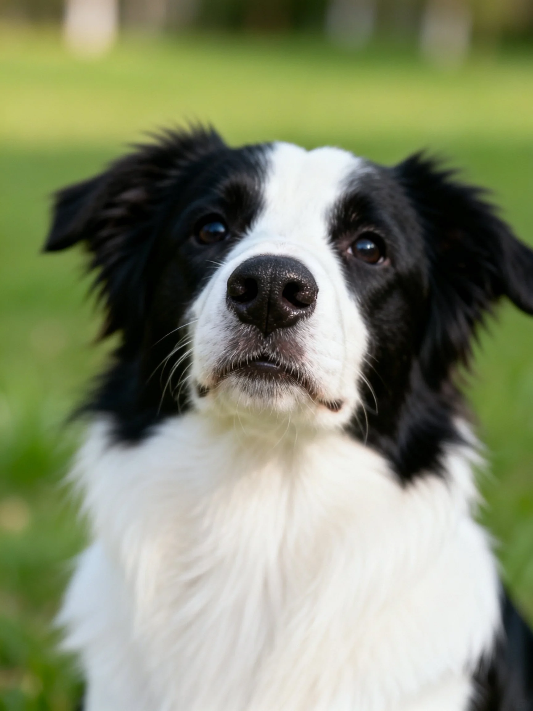 A black and white Border Collie gazes attentively in an outdoor setting.