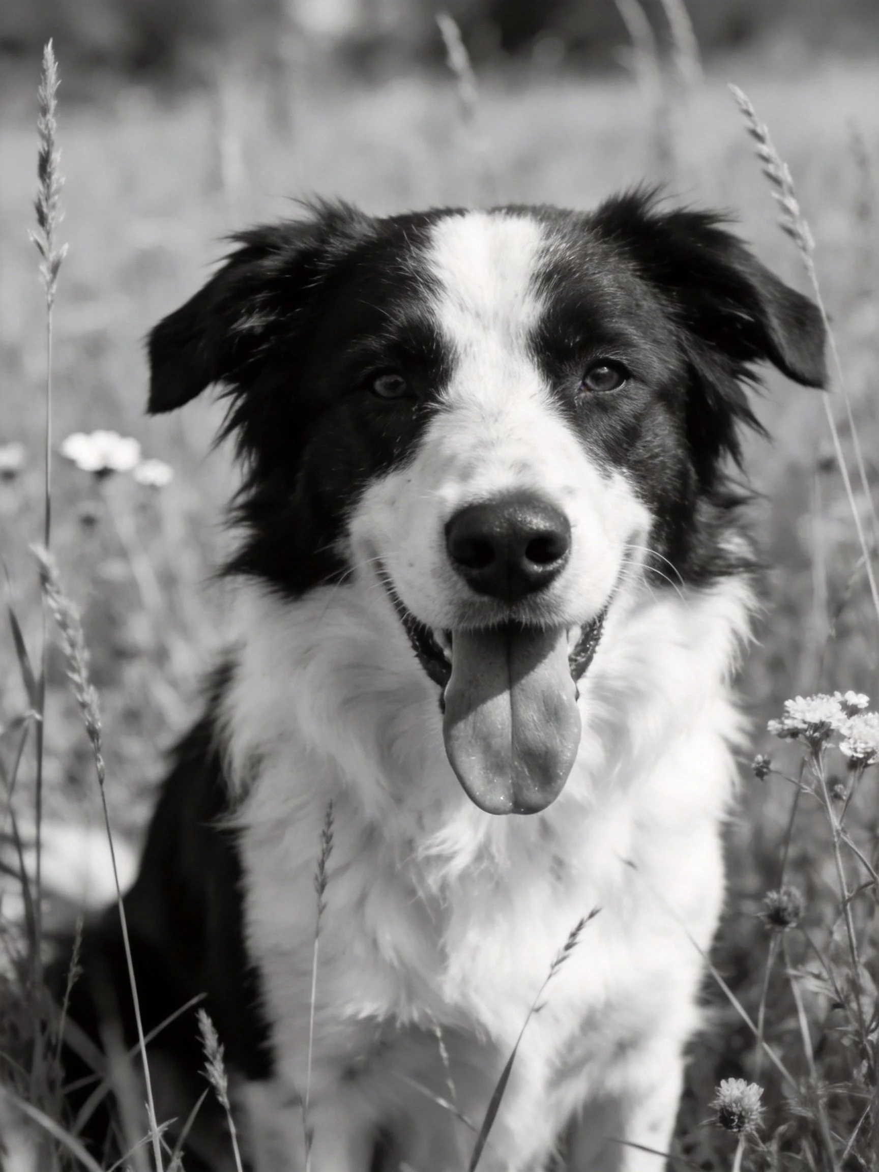 A black and white Border Collie is surrounded by tall grass and wildflowers.