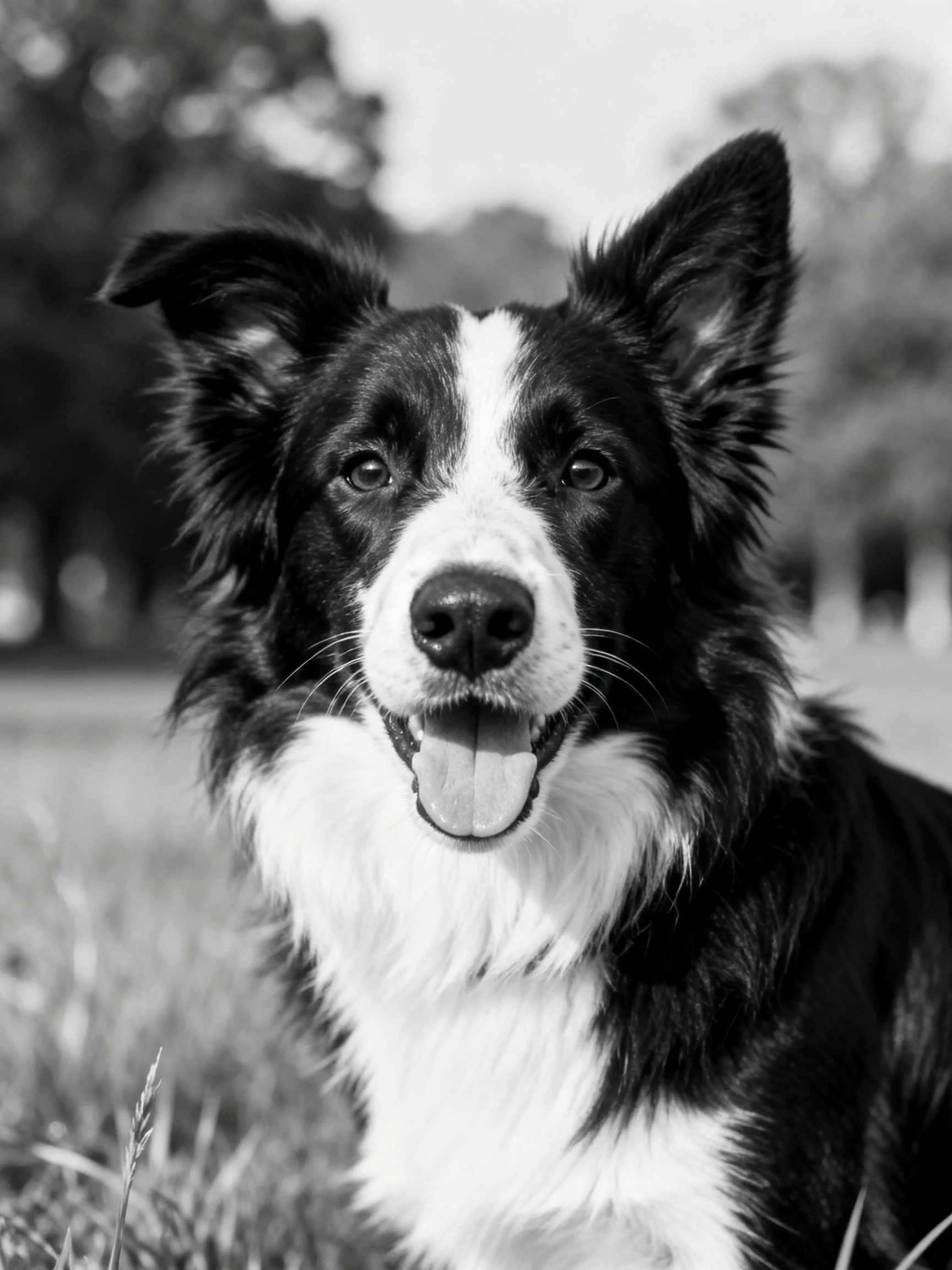 A black and white Border Collie relaxes in an outdoor grassy area.