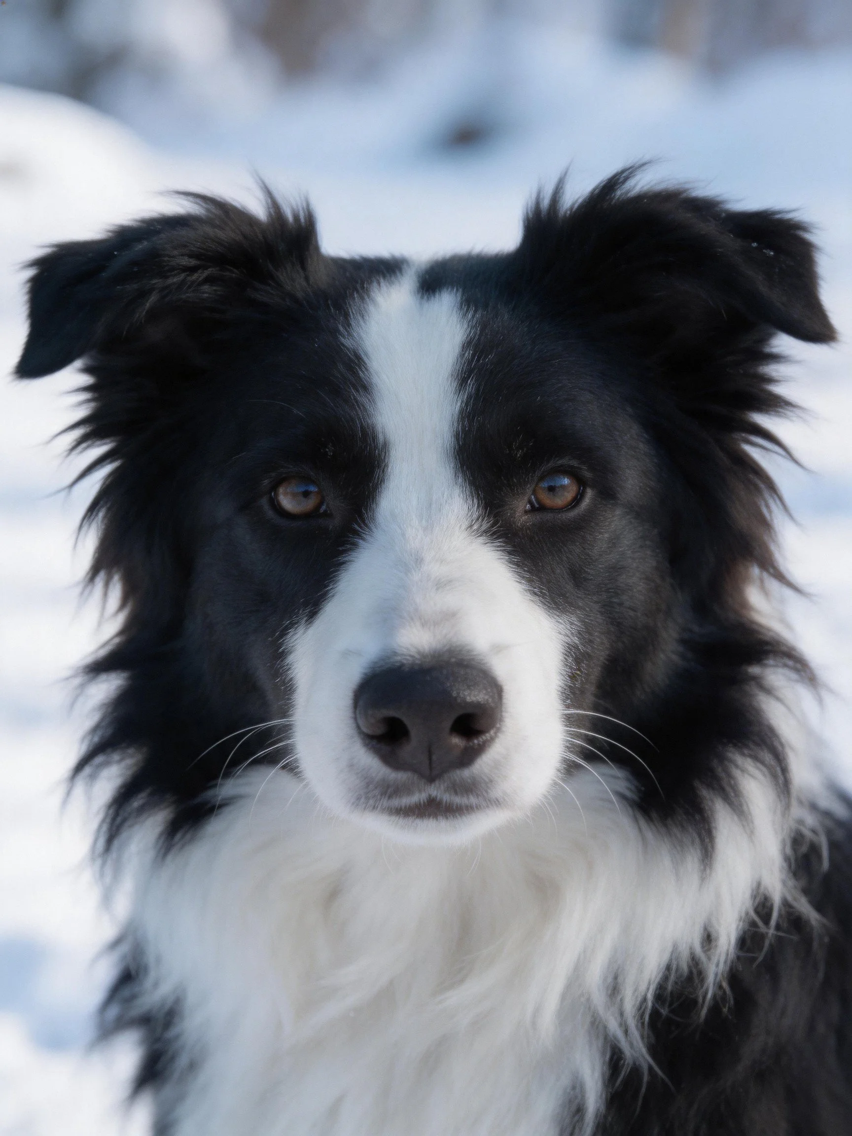 A black and white Border Collie looks directly at the camera amid a snowy landscape.