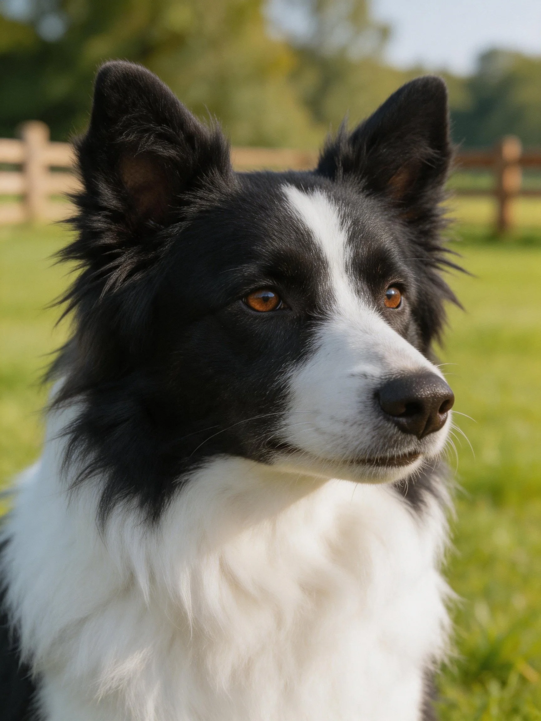 A black and white Border Collie gazes attentively in a sunlit outdoor space.