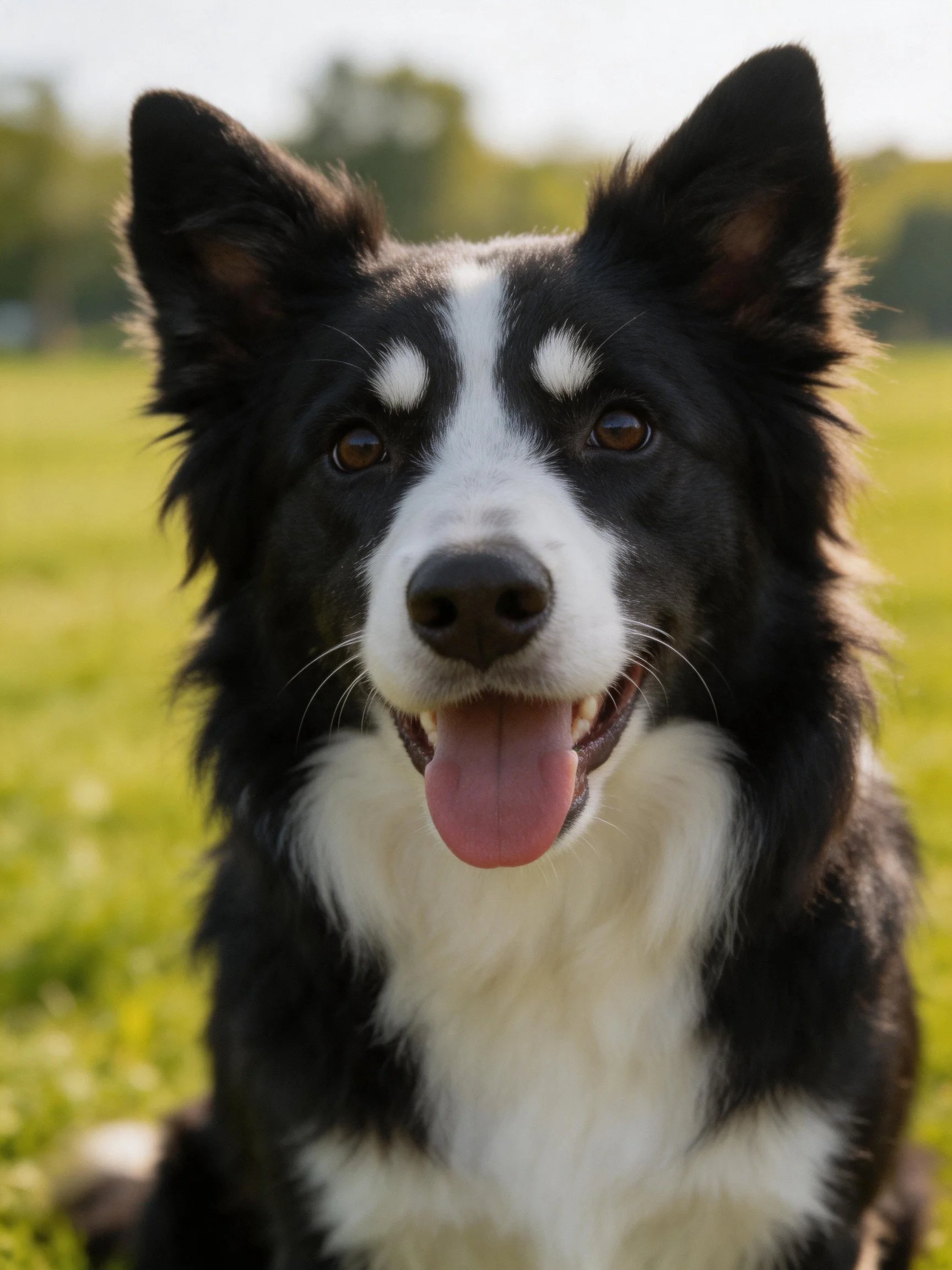 A black and white Border Collie relaxes in a sunlit grassy area.