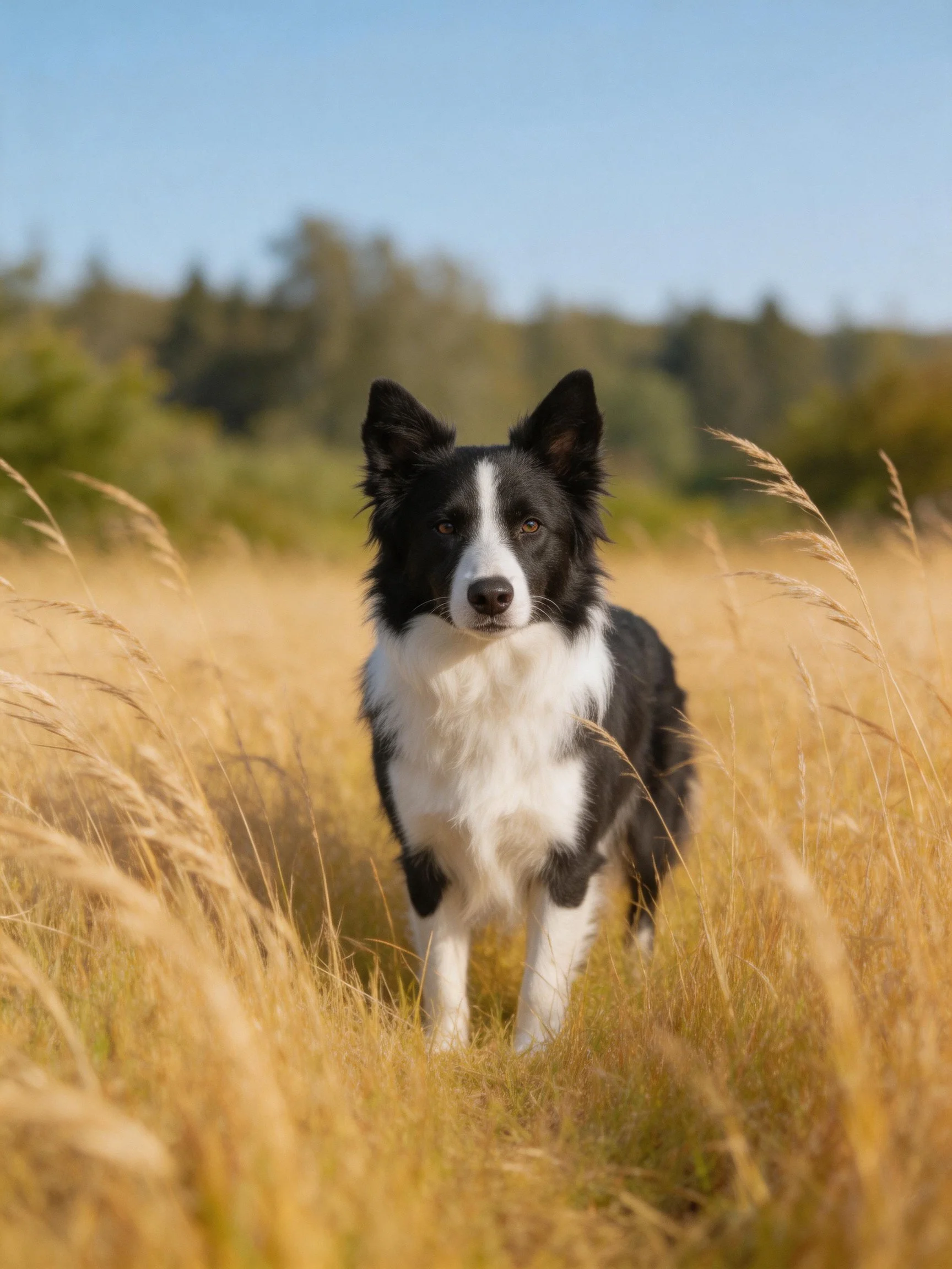A black and white Border Collie stands in a sunny grassy field.