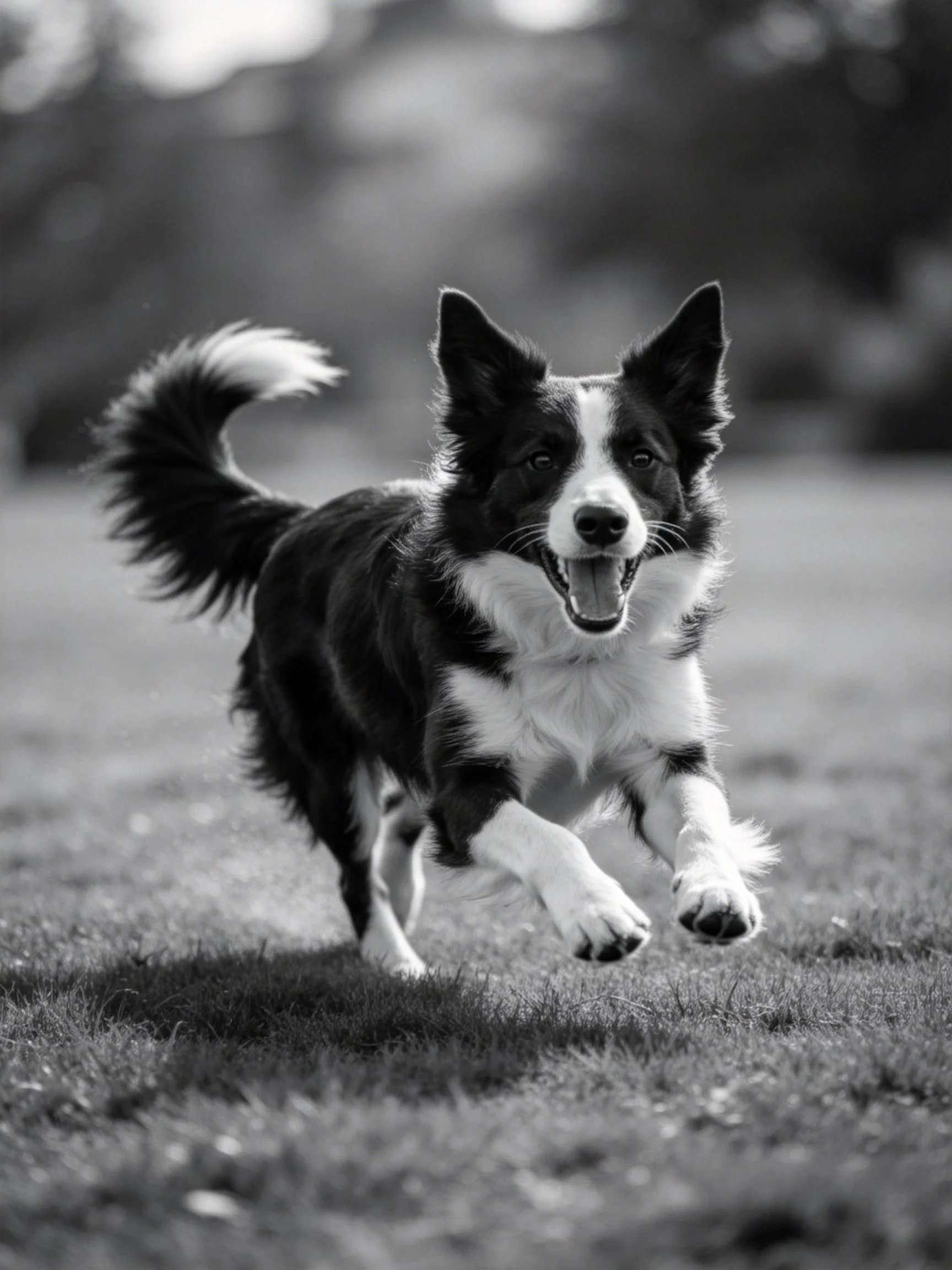 A black and white Border Collie runs happily on grass.