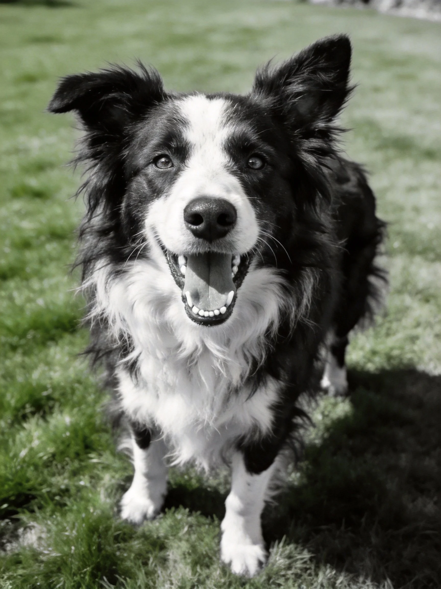 A cheerful black and white Border Collie stands on grass.