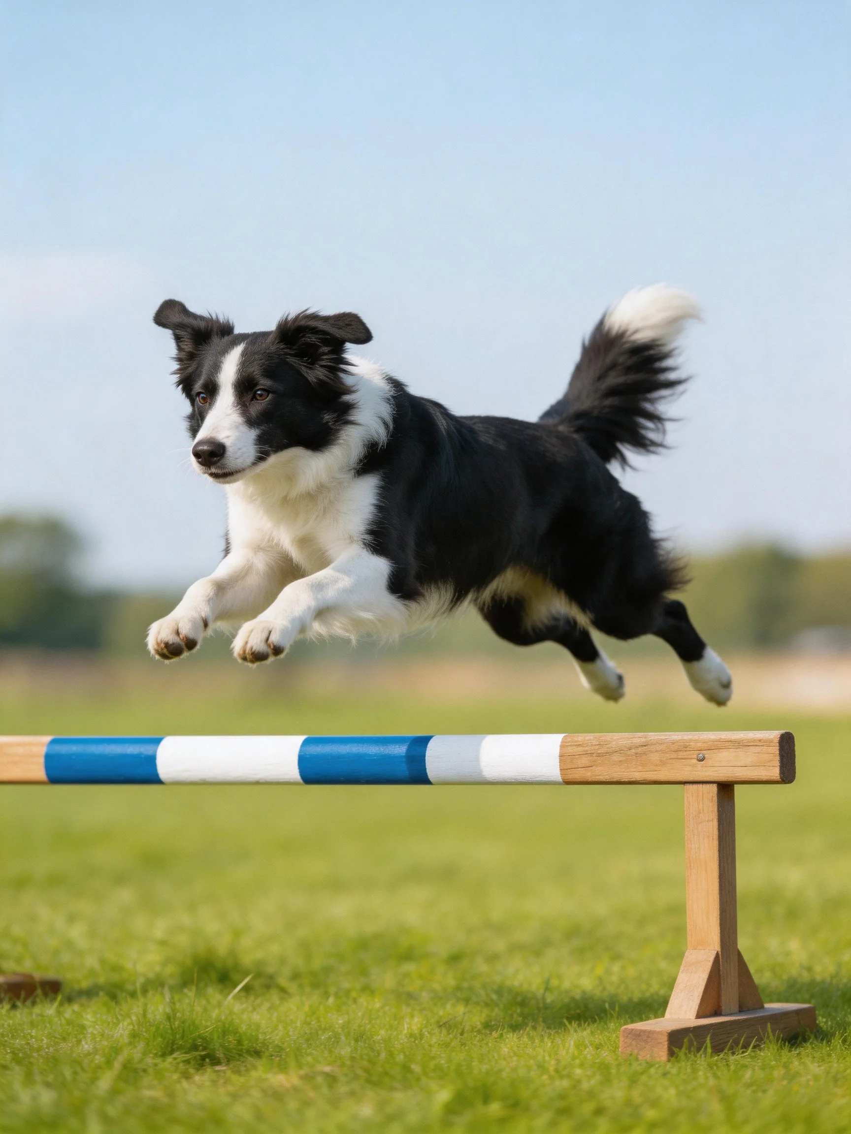 A black and white Border Collie jumps over a blue and white obstacle