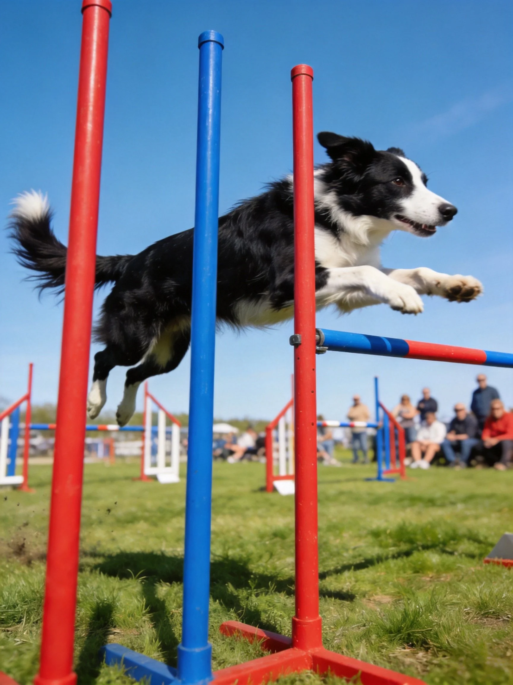 A black and white Border Collie leaps over colored agility poles during an outdoor competition.