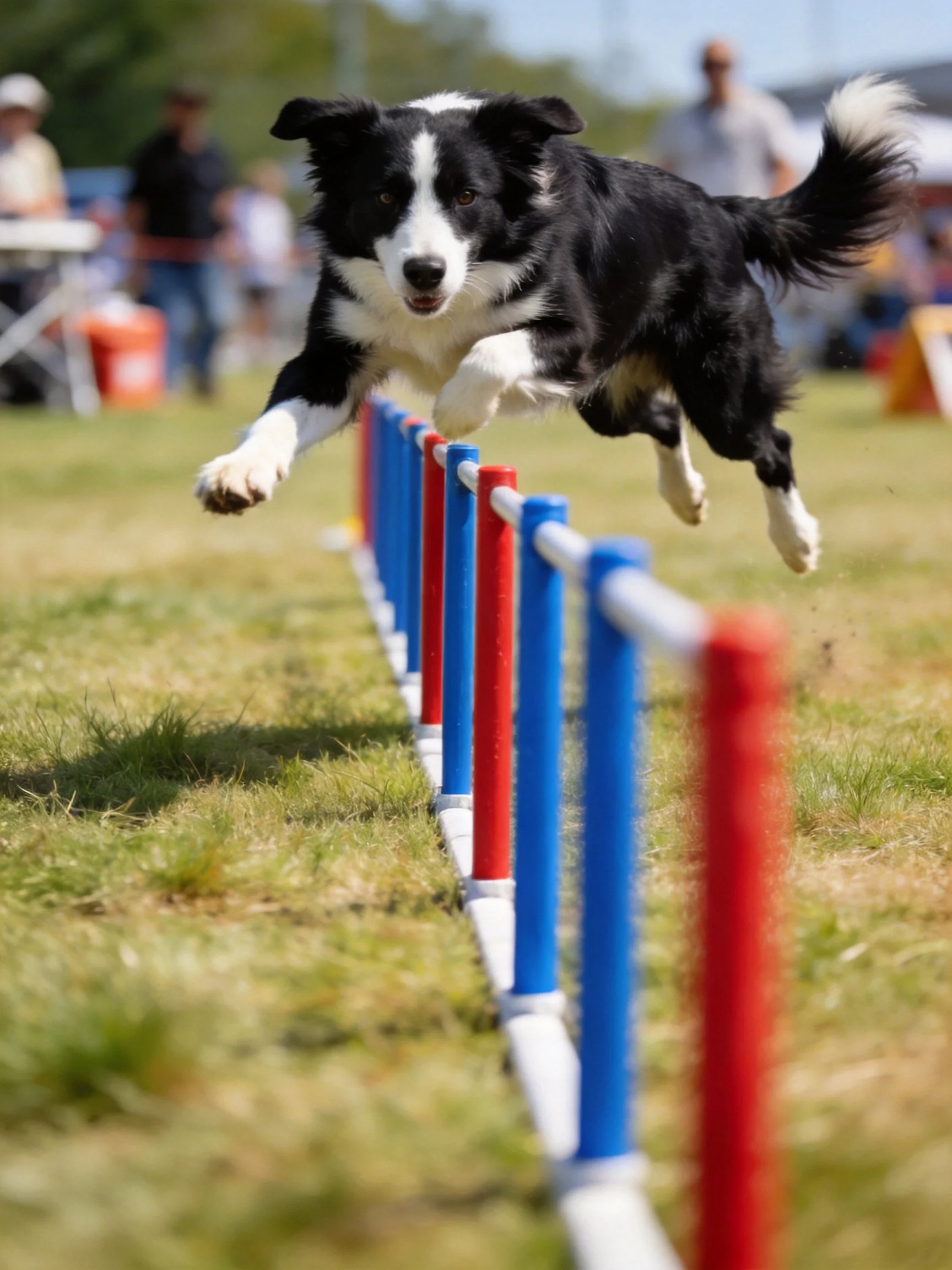 A Border Collie leaps over colored poles in an outdoor agility competition.