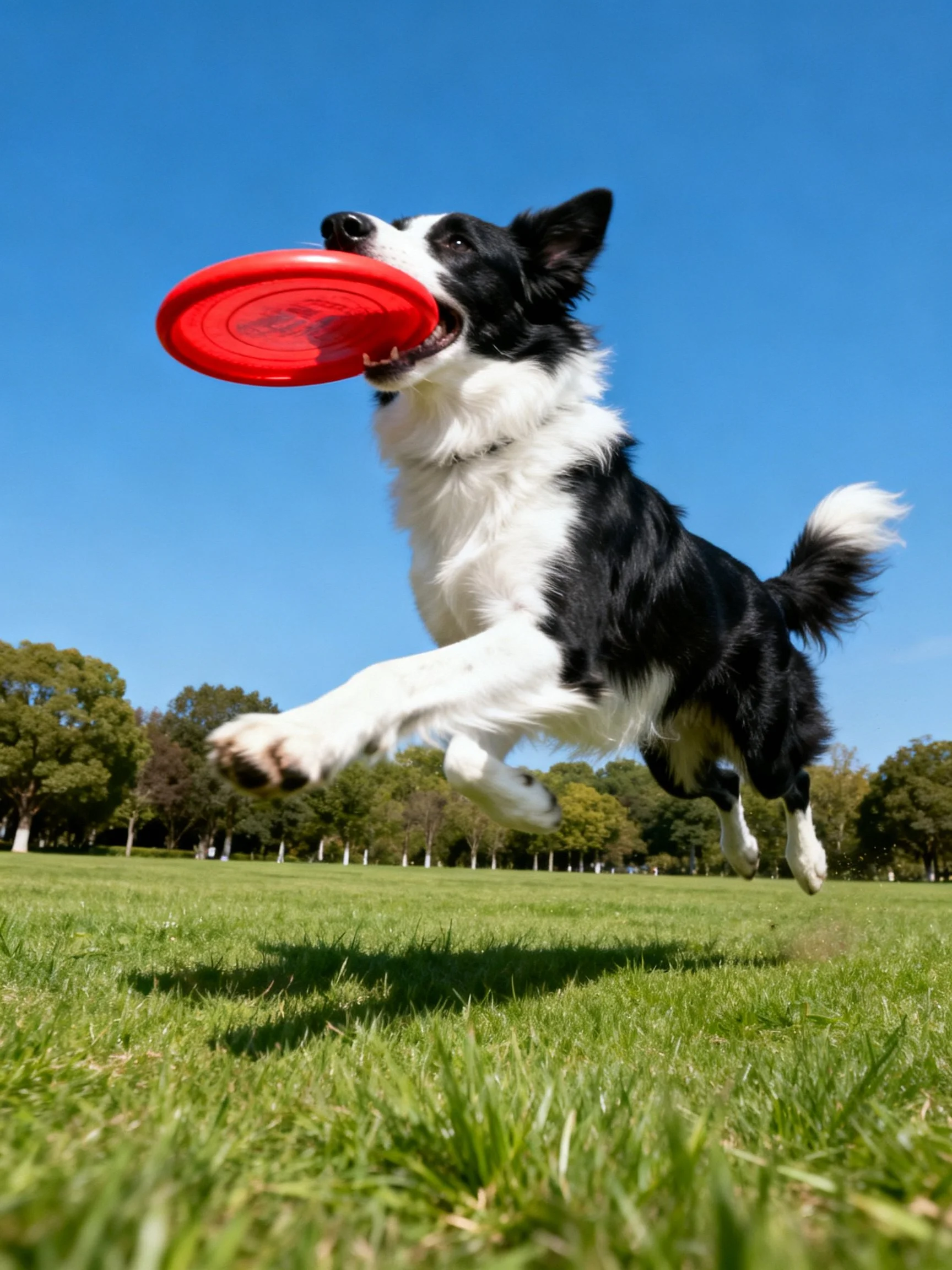 A black and white Border Collie catches a red frisbee mid-air in an open park.