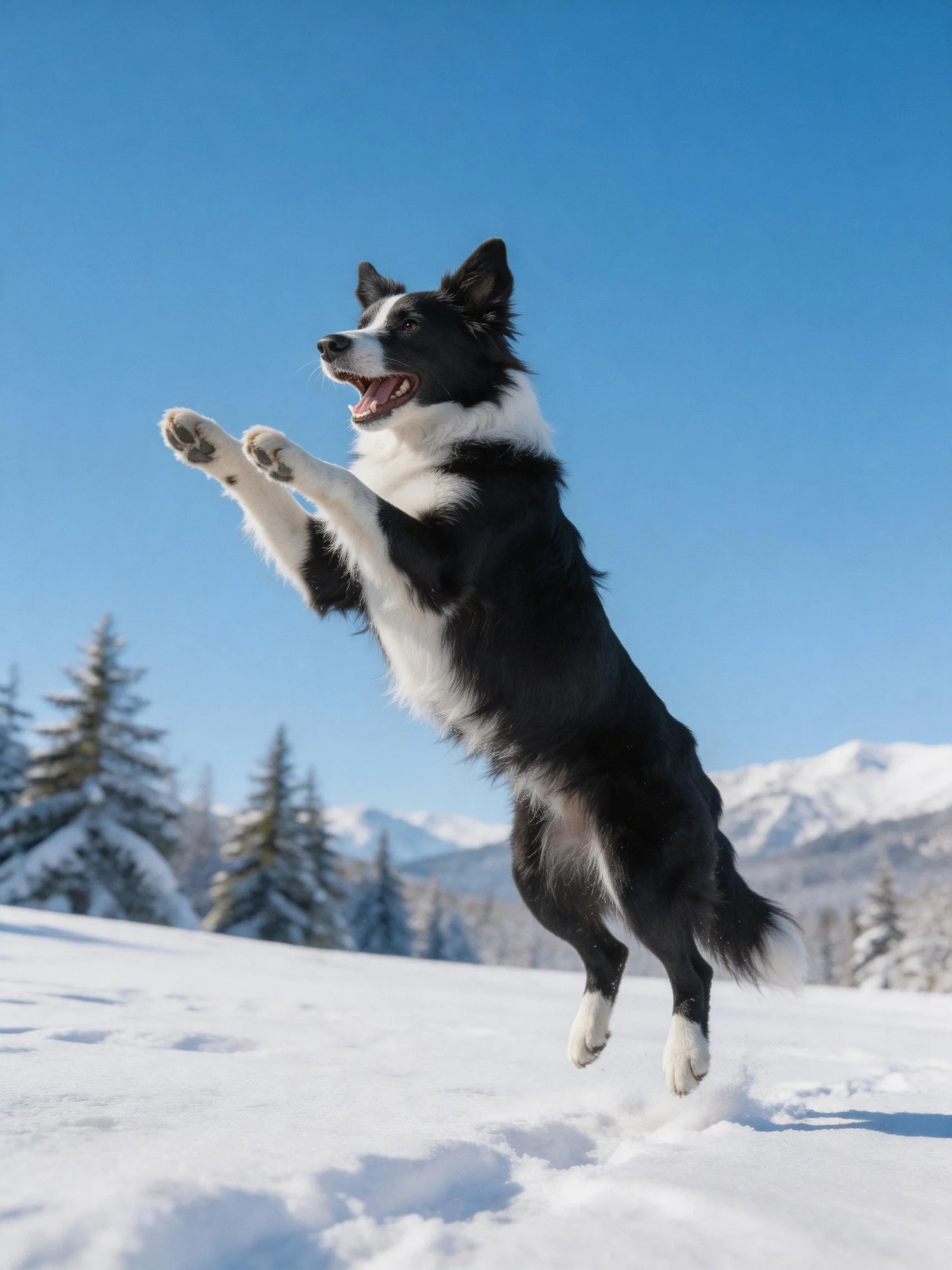 A black and white Border Collie leaping in snowy landscape