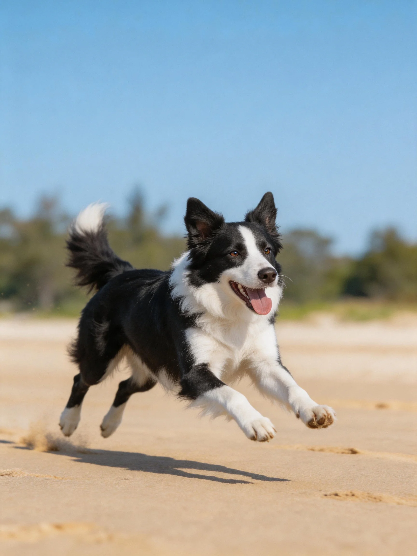 A black and white Border Collie runs energetically on sandy ground.