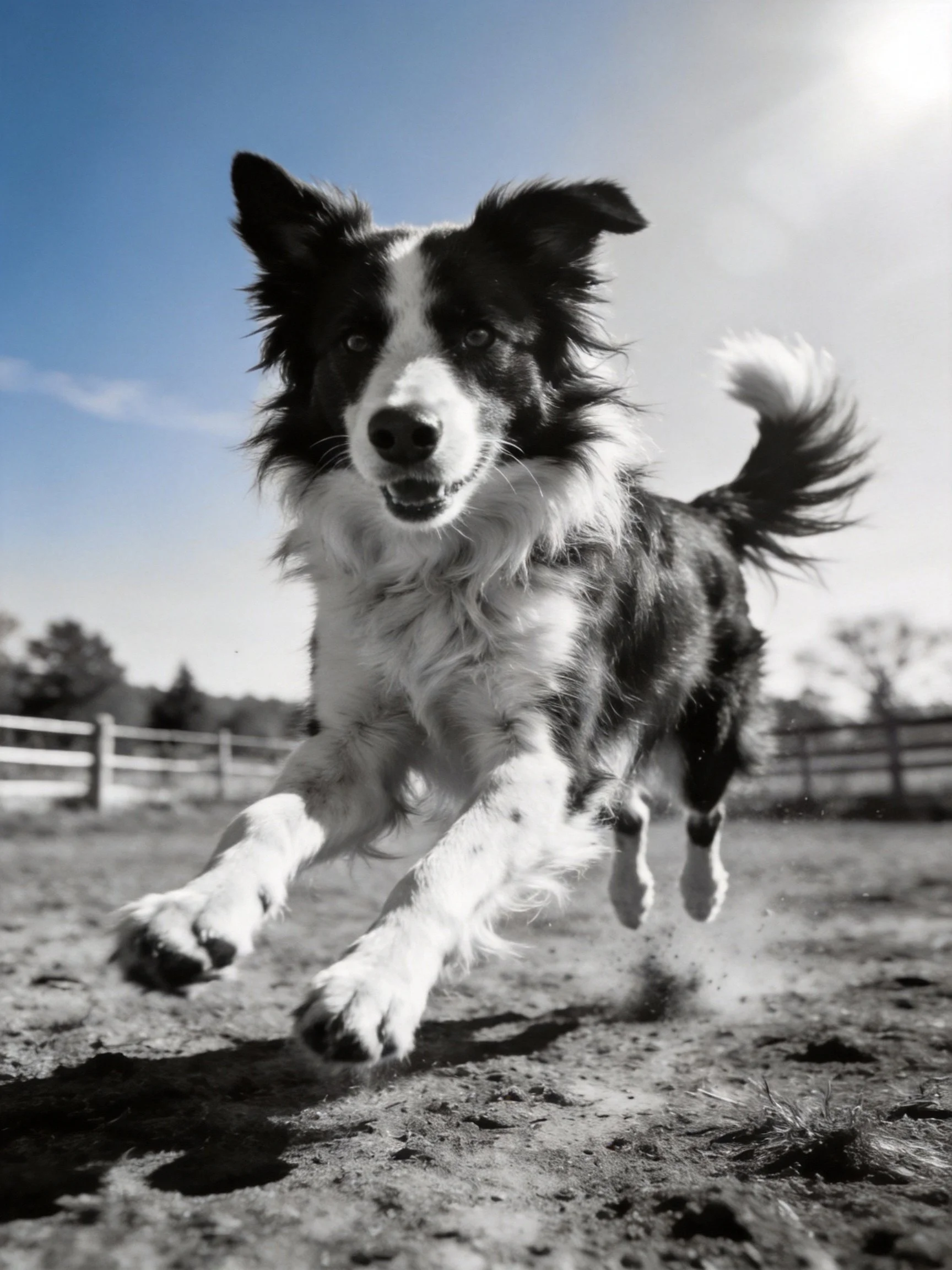 A black and white Border Collie runs energetically outdoors.