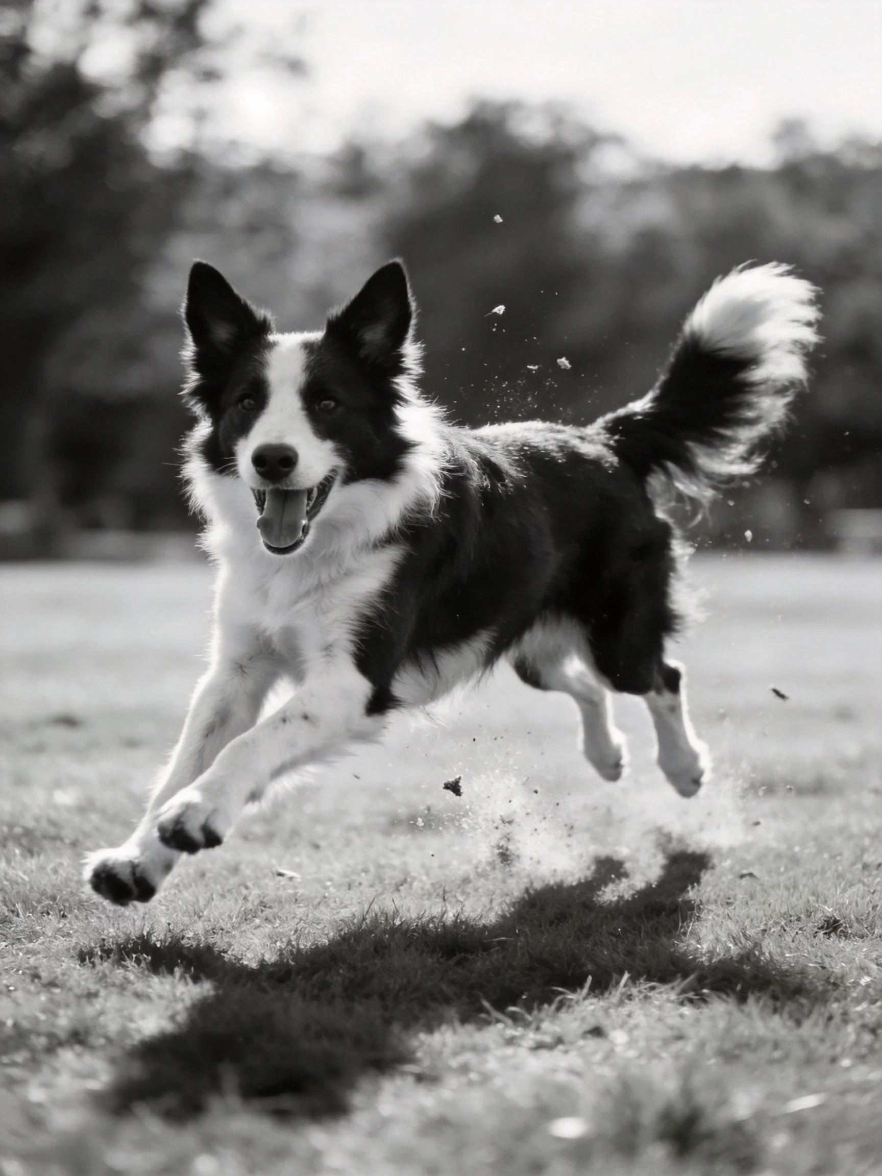 A black and white Border Collie runs energetically across an outdoor grassy area.