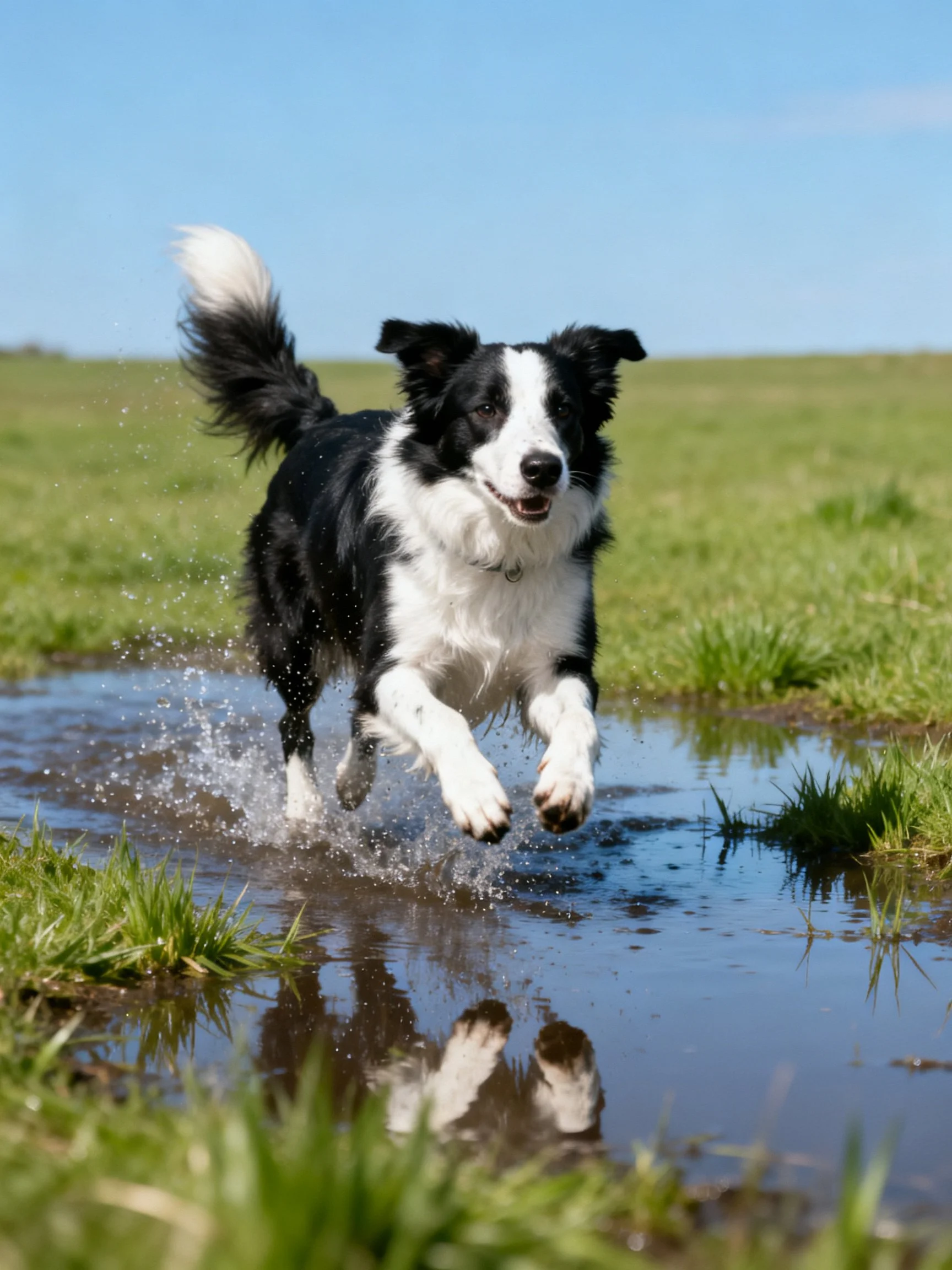 A black and white Border Collie runs energetically through a muddy puddle in an open field.