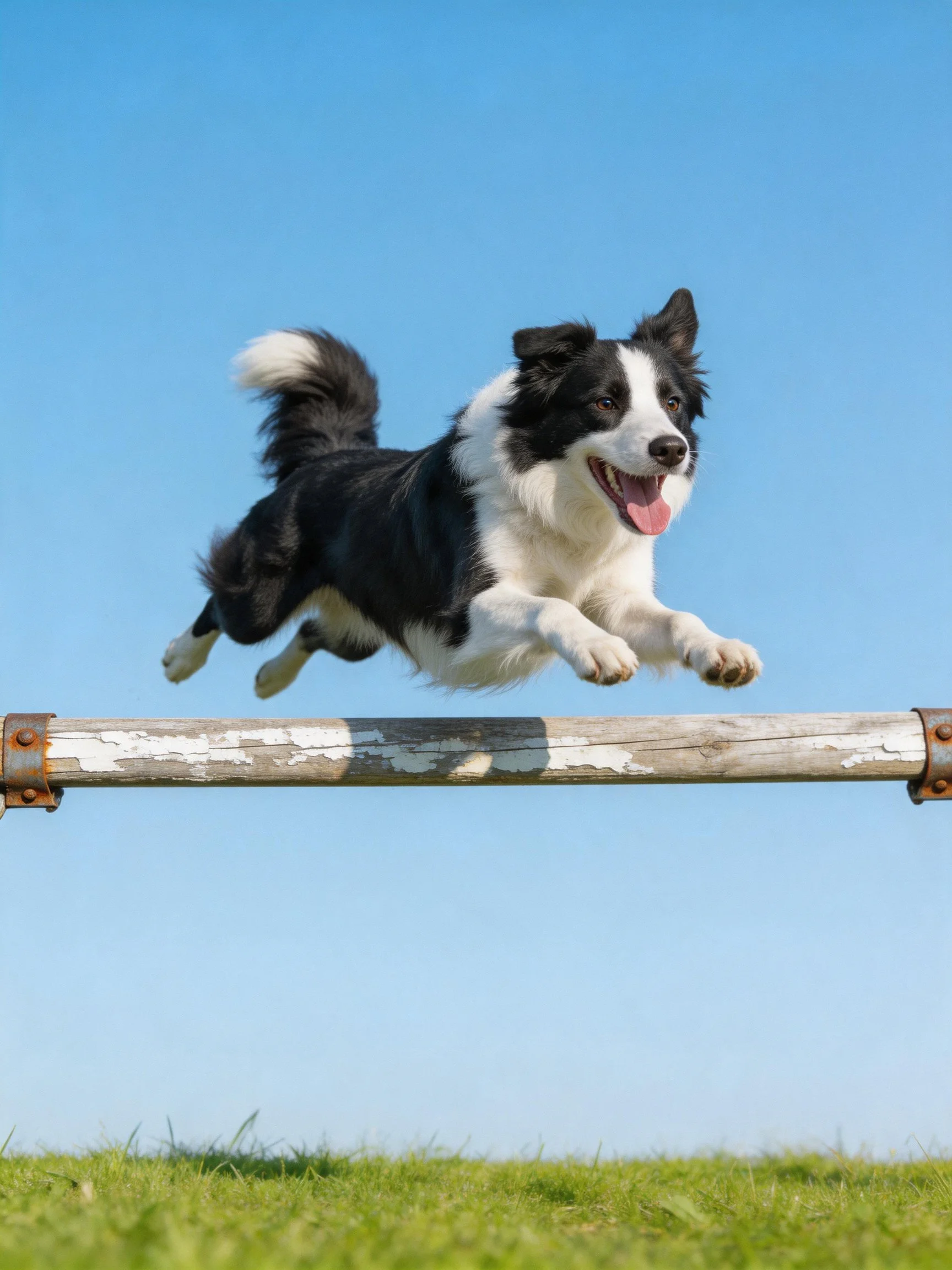 A black and white Border Collie leaping over a weathered wooden hurdle