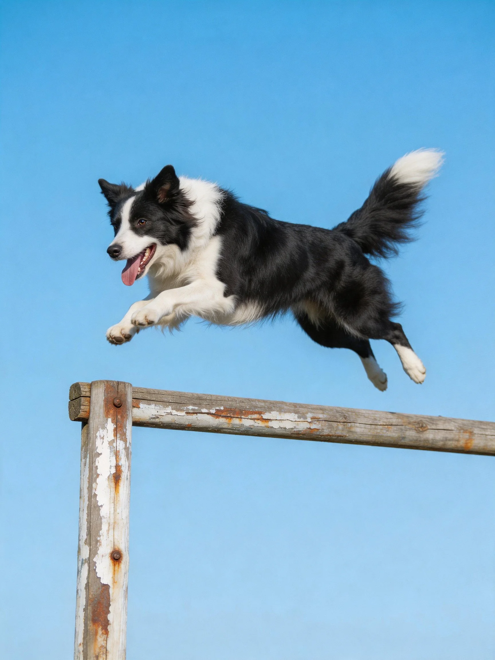 A black and white Border Collie jumps over a wooden obstacle under a clear blue sky.