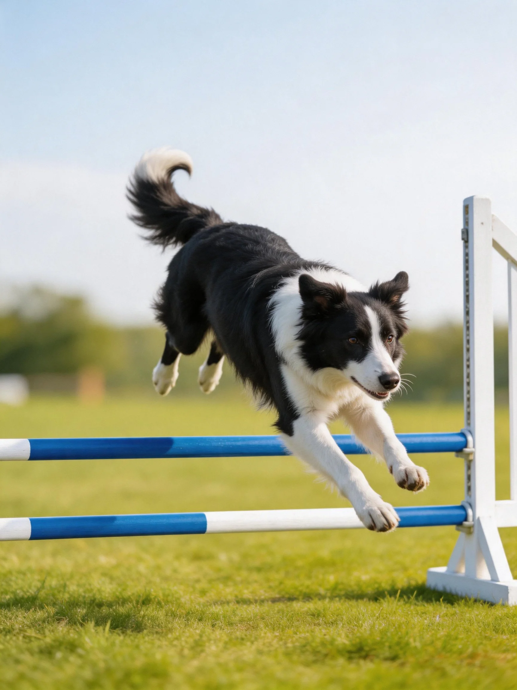A blackand white Border Collie jumps over hurdles in an outdoor area
