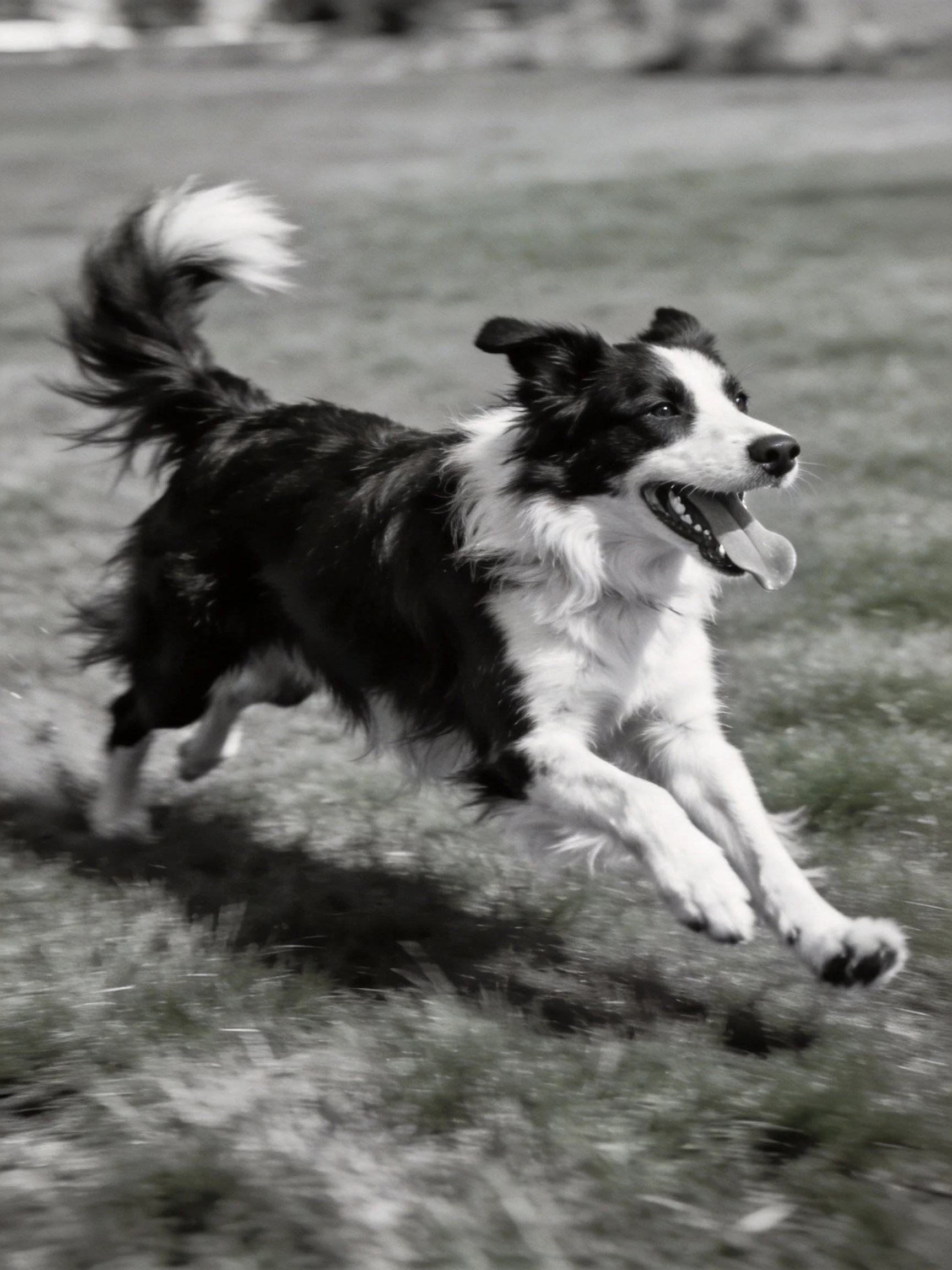A black and white Border Collie runs energetically on grass.