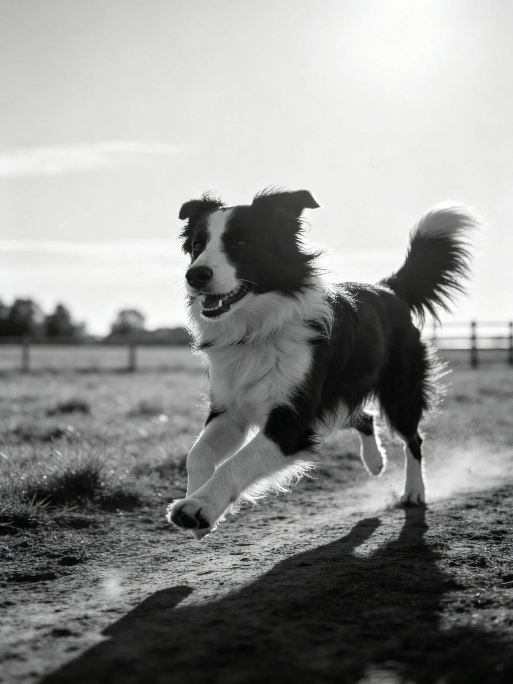 A Border Collie runs energetically in a sunlit open field.