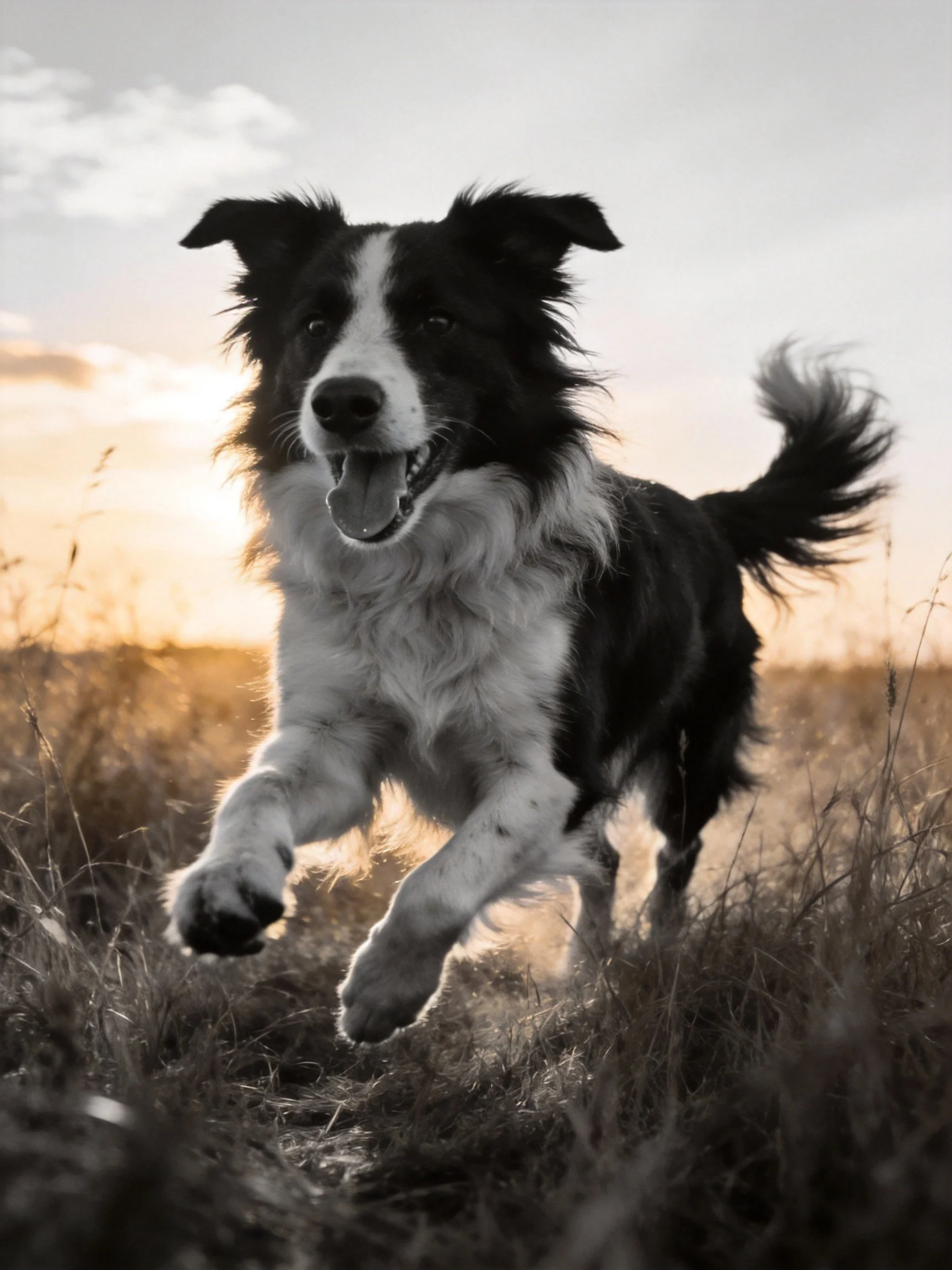 A black and white Border Collie leaping through golden grass at sunset