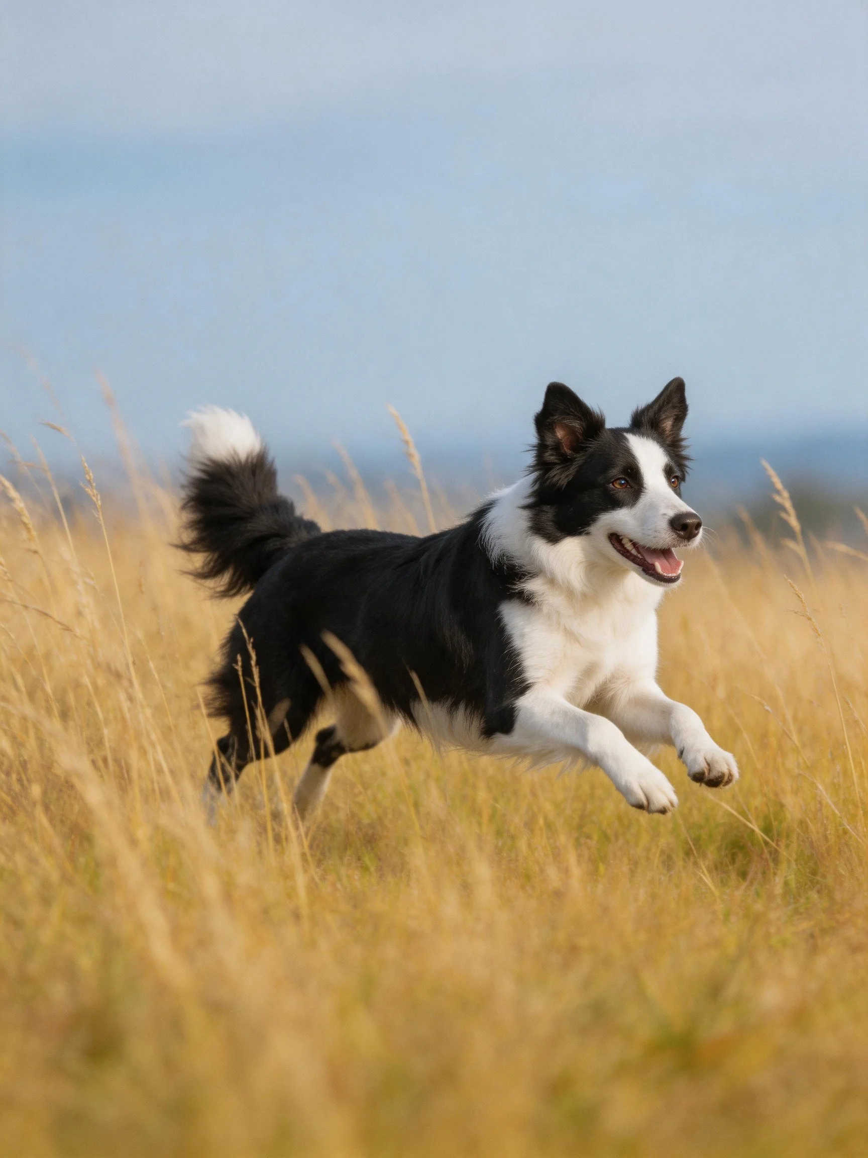 A black and white Border Collie joyfully runs through tall golden grass.