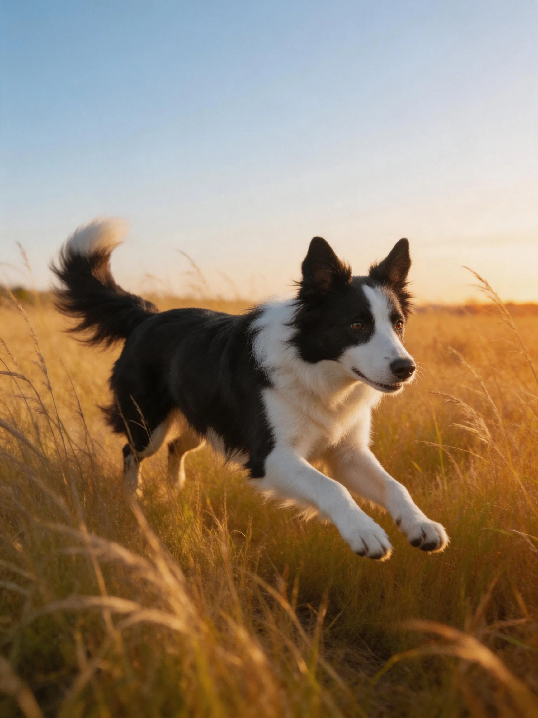 A black and white Border Collie leaps energetically through golden grass in a sunlit field.