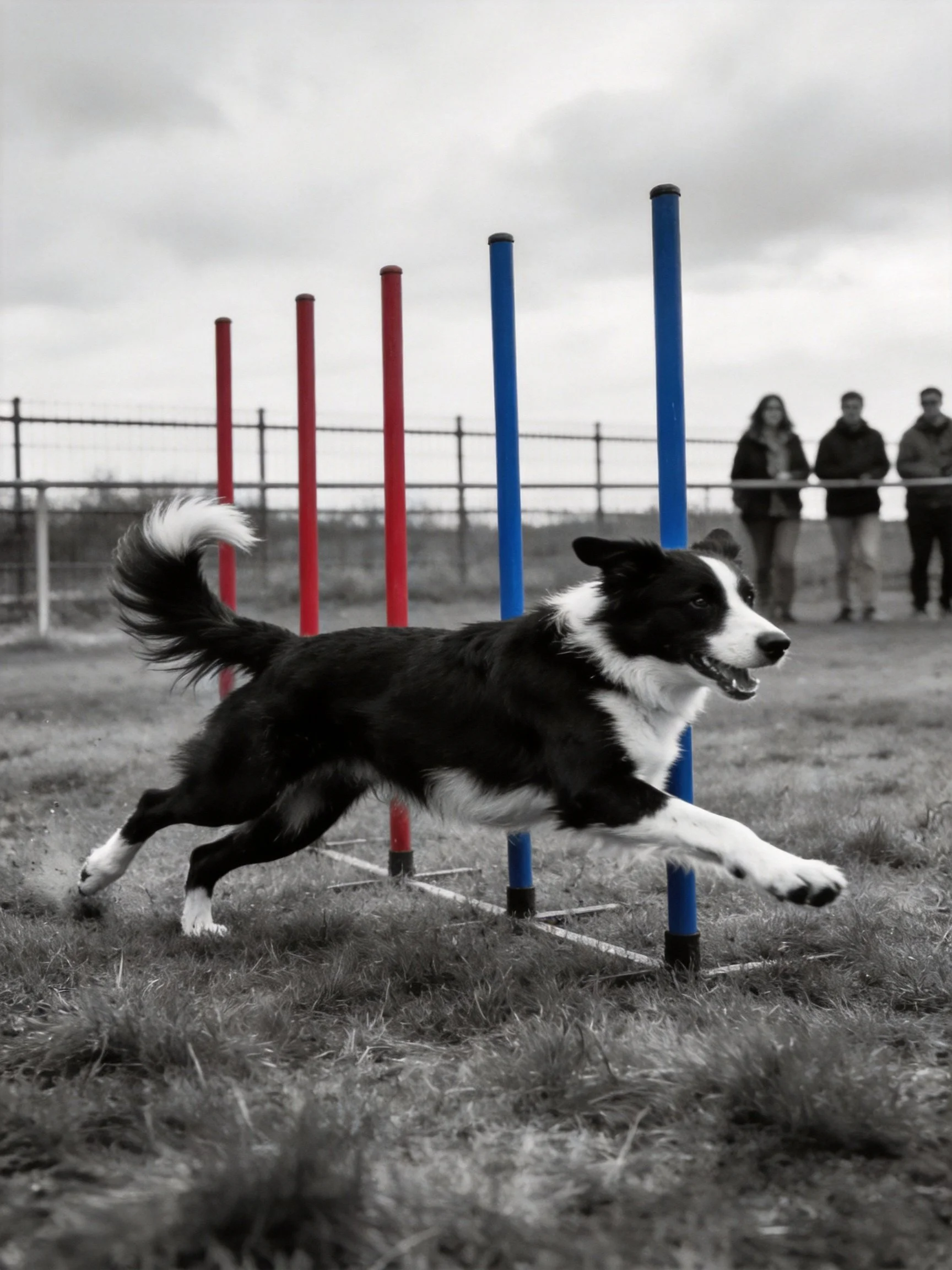 A Border Collie jumps through colored agility poles during an outdoor training session