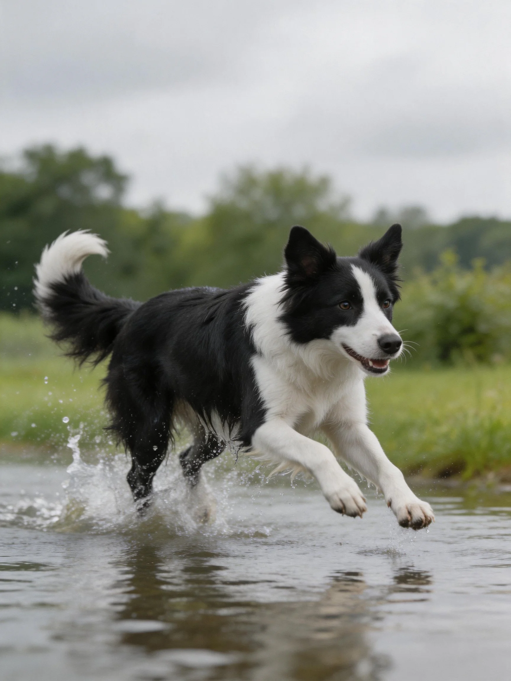 A black and white Border Collie jumps through shallow water in a natural setting.