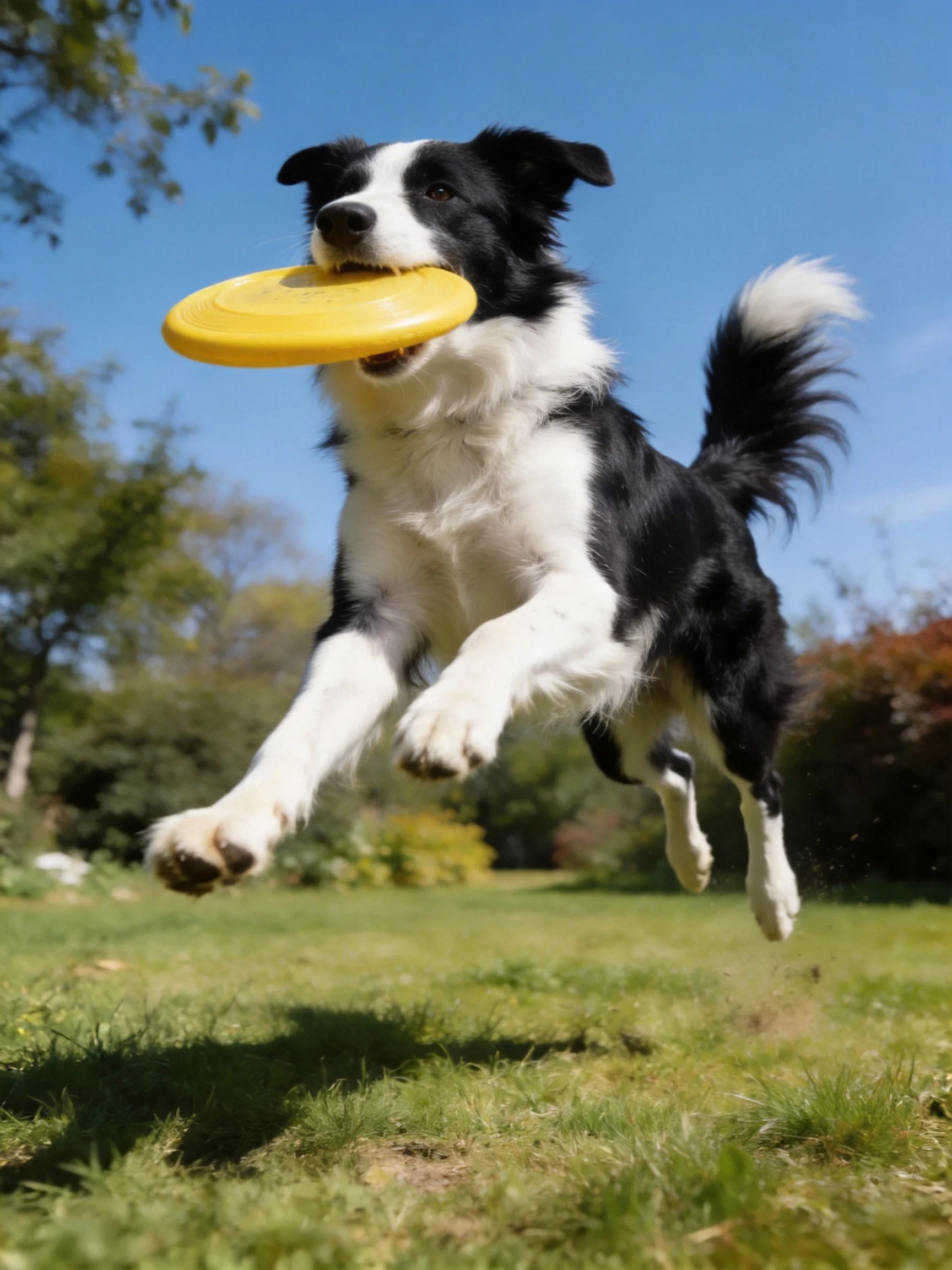 A black and white Border Collie leaps for a bright yellow frisbee outdoors