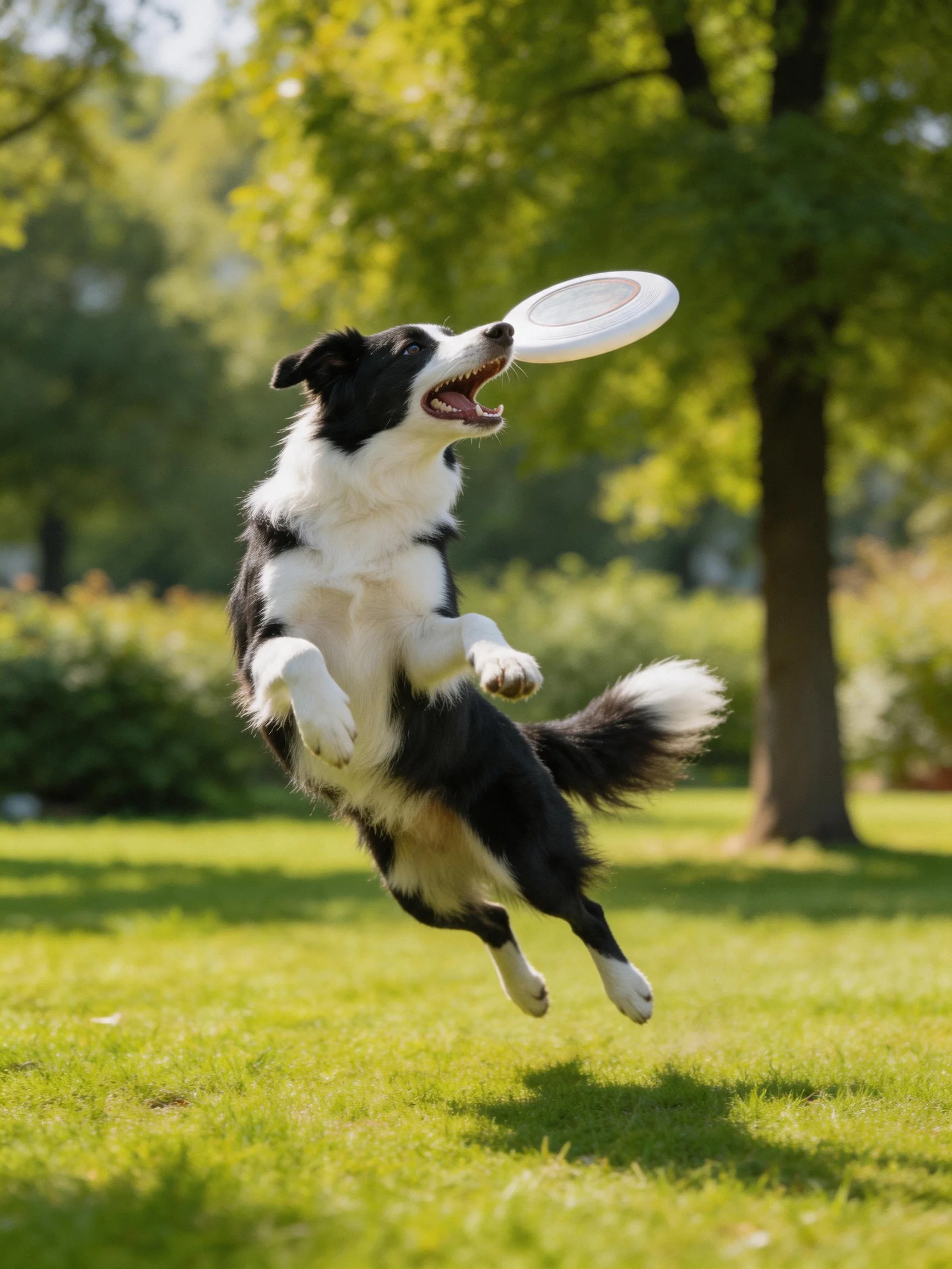 A black - and - white Border Collie jumps to catch a frisbee in a sunlit park.