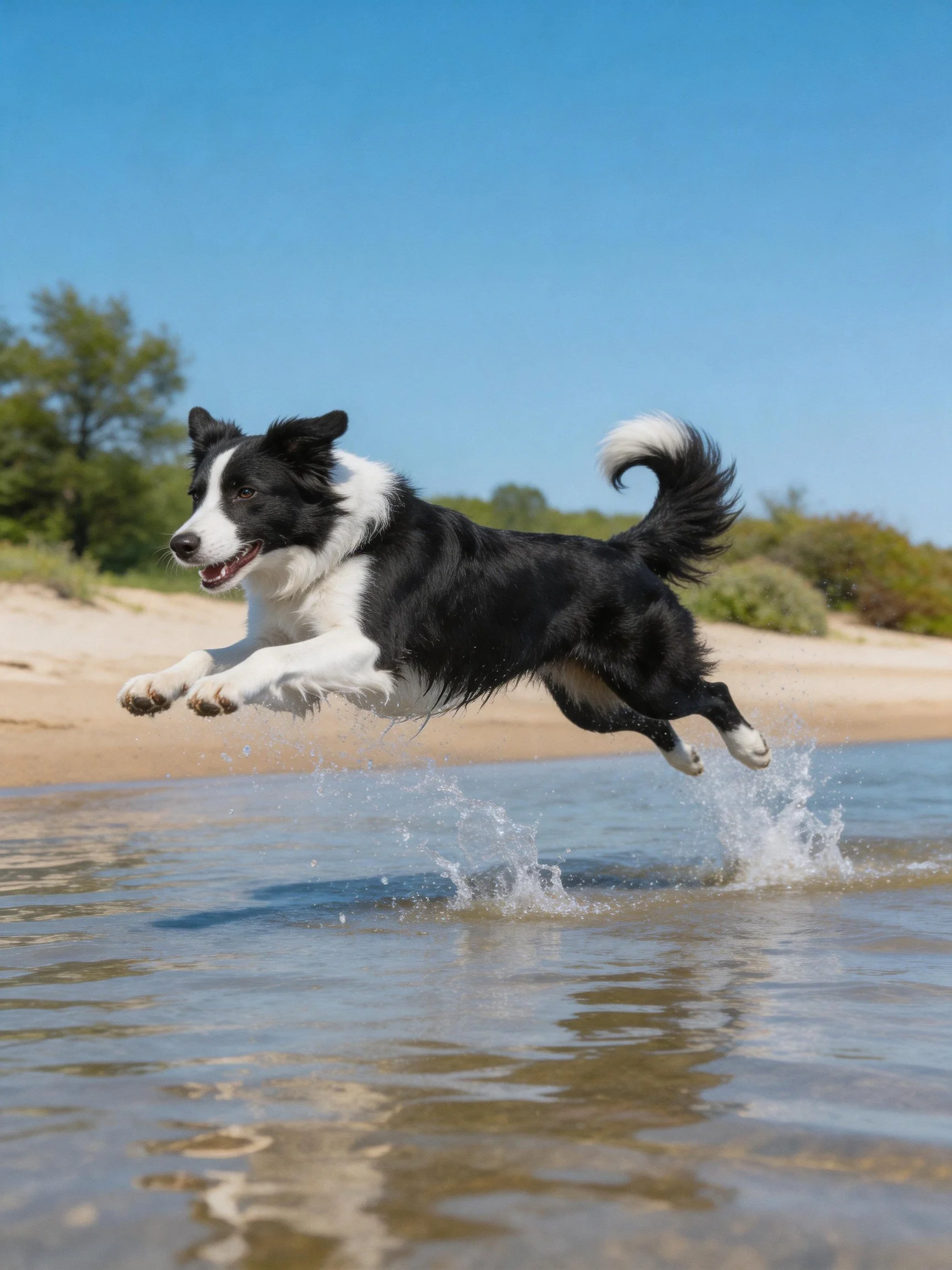 A black and white Border Collie leaps over shallow ocean water