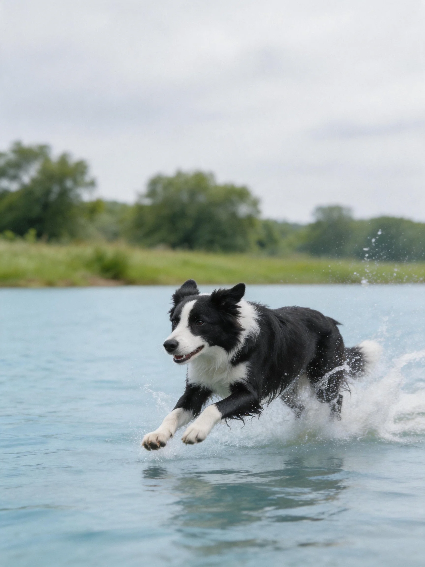 A black and white Border Collie leaps through clear blue water outdoors.