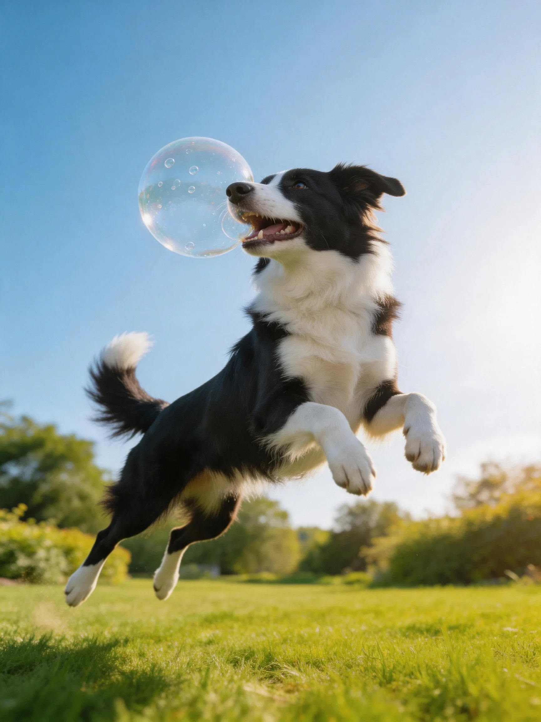 A black and white Border Collie jumps toward a soap bubble in a sunny grassy area.