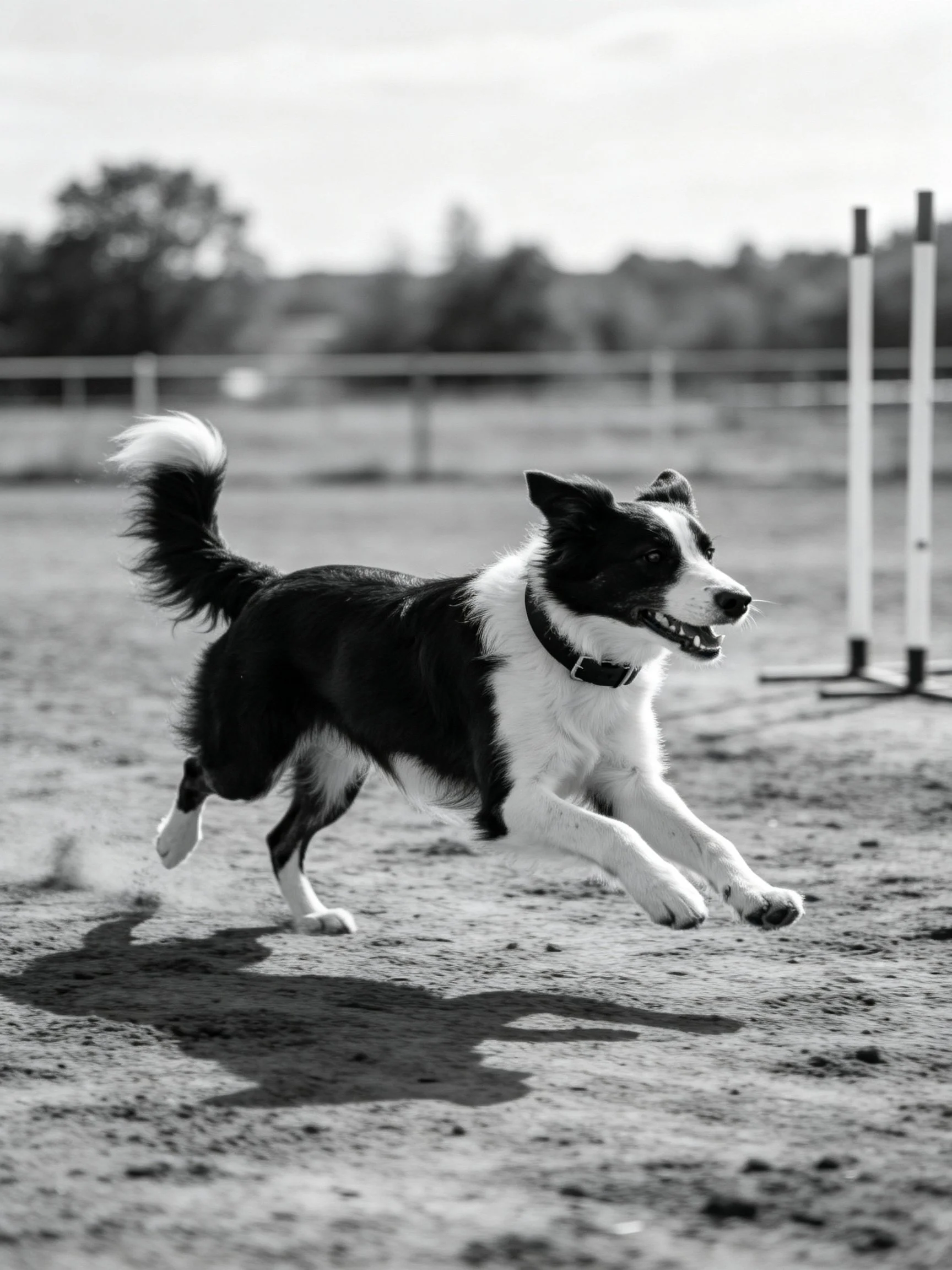 A black and white dog leaps through agility obstacles