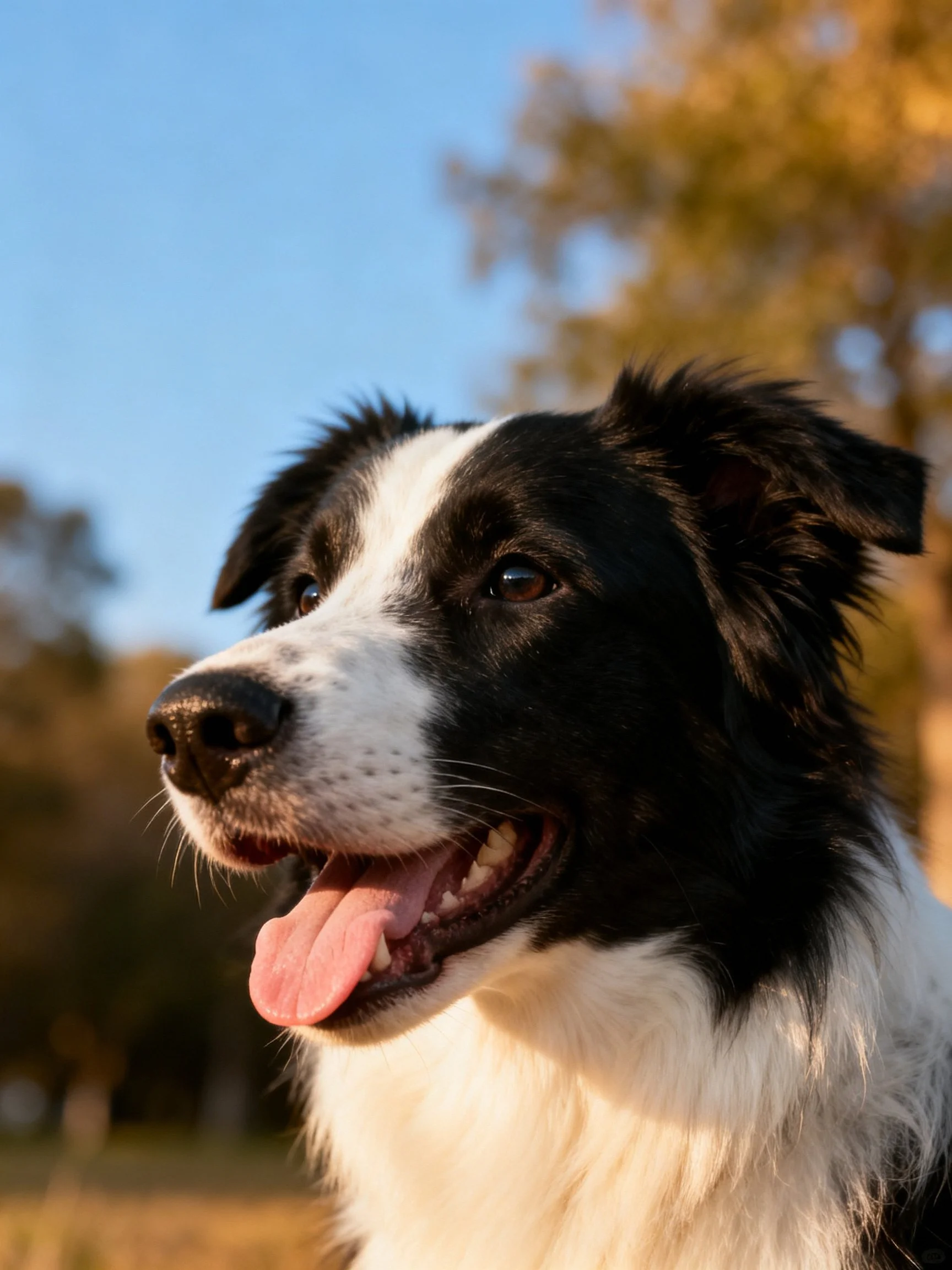 A black and white Border Collie appears content while outside during golden hour.
