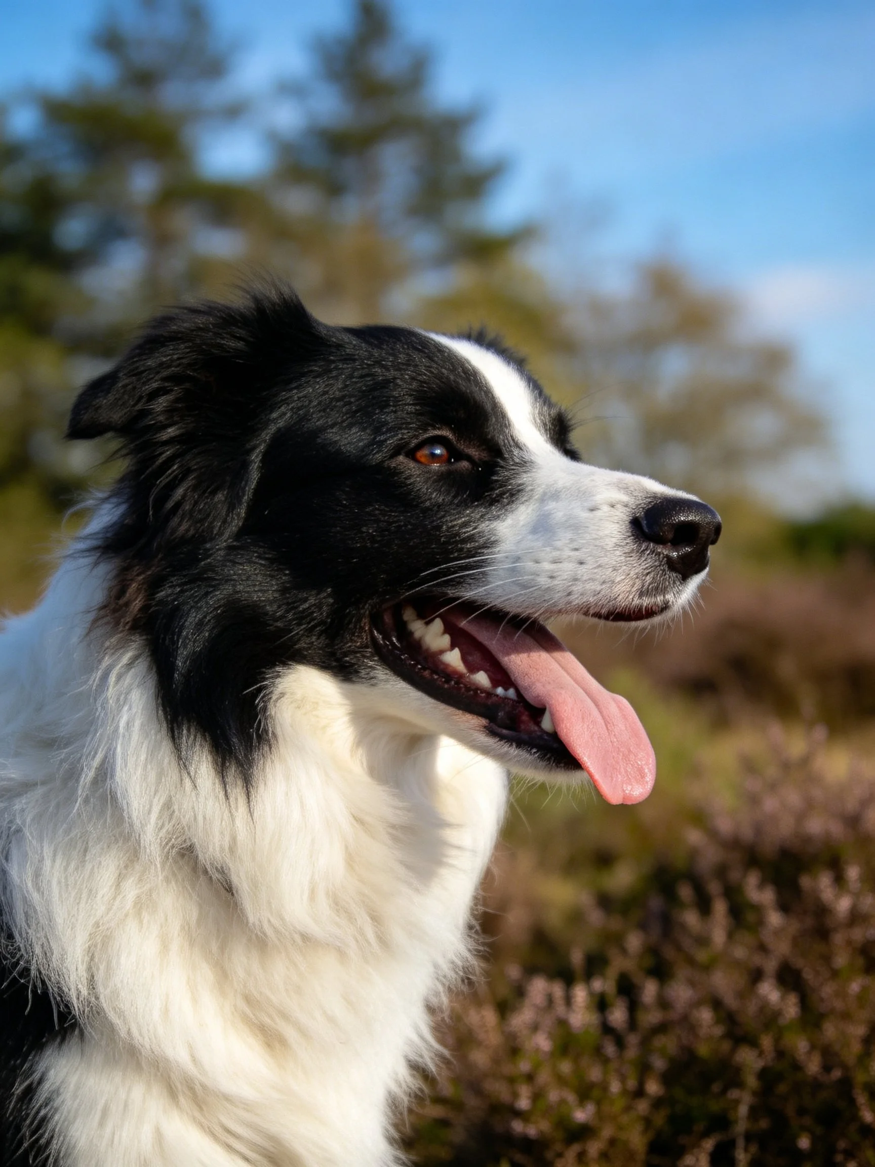 A black and white Border Collie pants contentedly in an outdoor natural setting.
