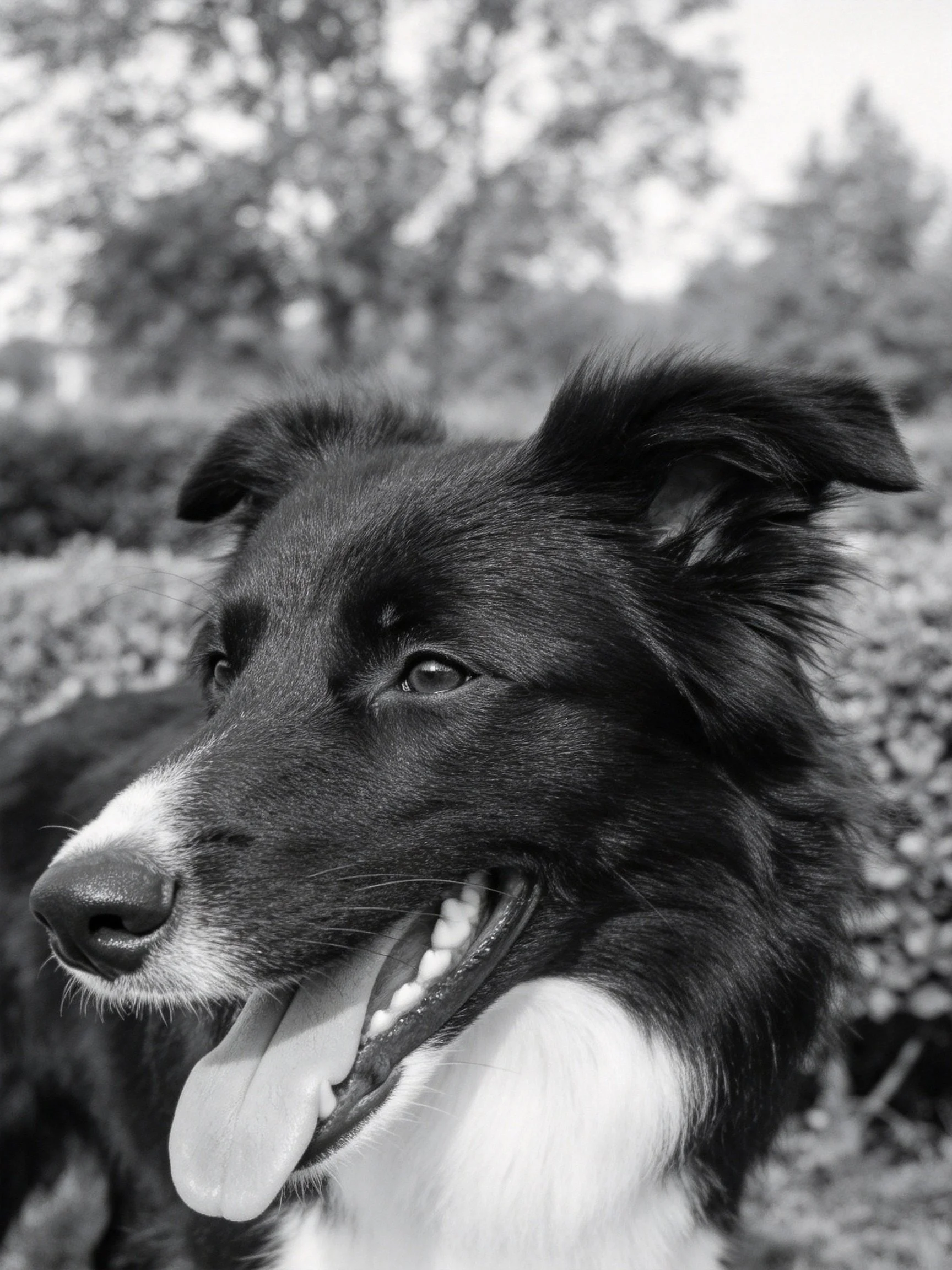 A black and white Border Collie appears content in an outdoor setting.