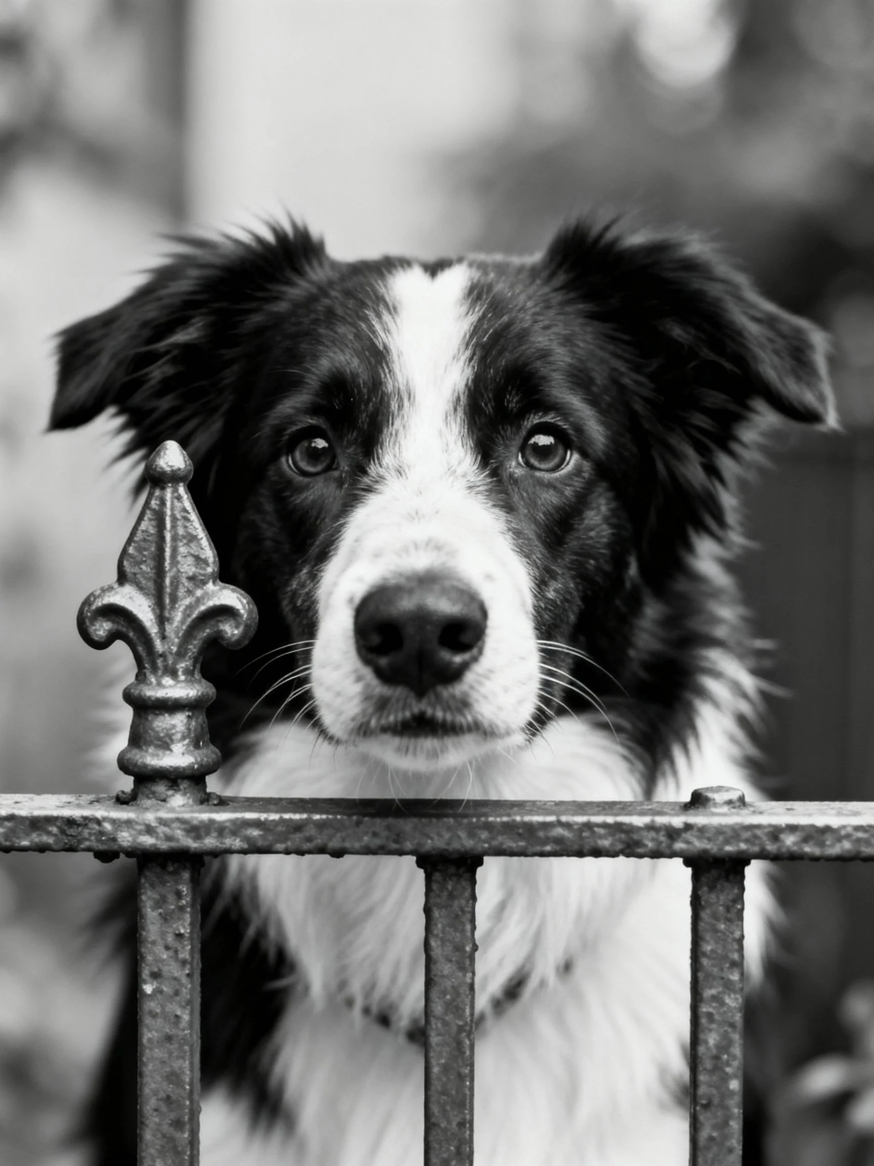 A black and white Border Collie gazes toward the viewer from behind a wrought iron fence.